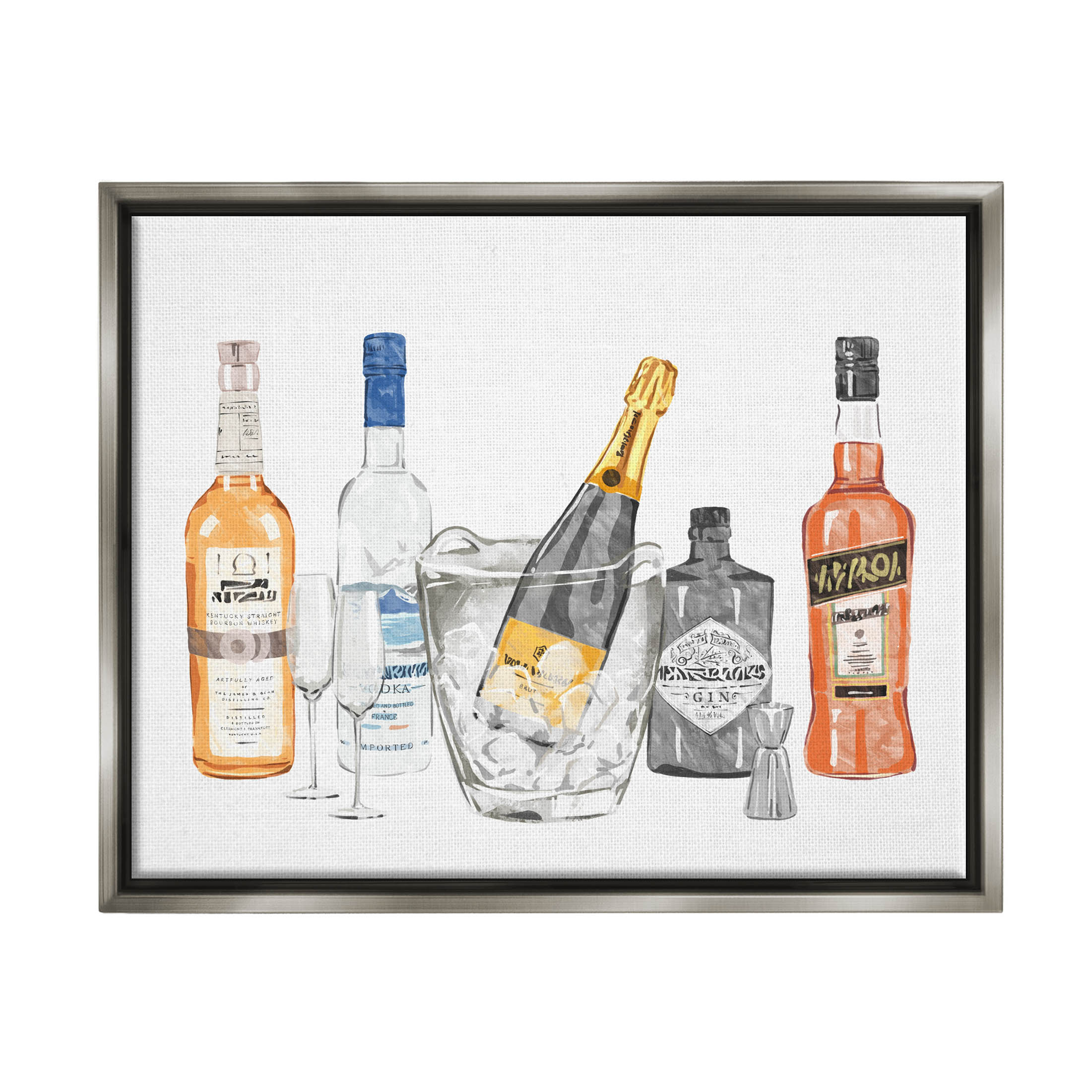 Stupell Industries Various Drink Liquor Bottles Graphic Art Luster Gray Floating Framed Canvas Print Wall Art, Design by Ziwei Li