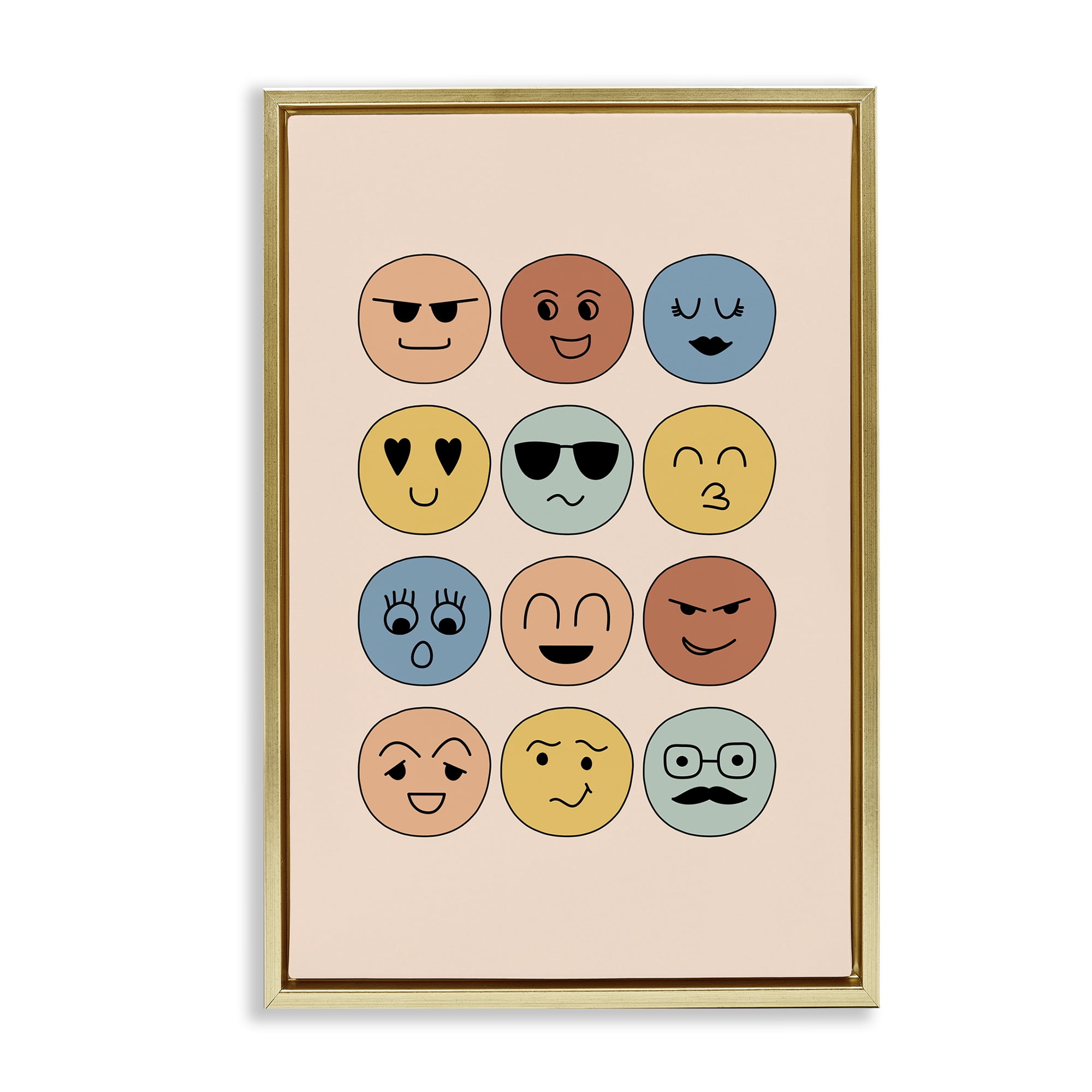 Stupell Industries Various Expression Smileys Novelty Painting Gold Floater Framed Art Print Wall Art, 21 x 31