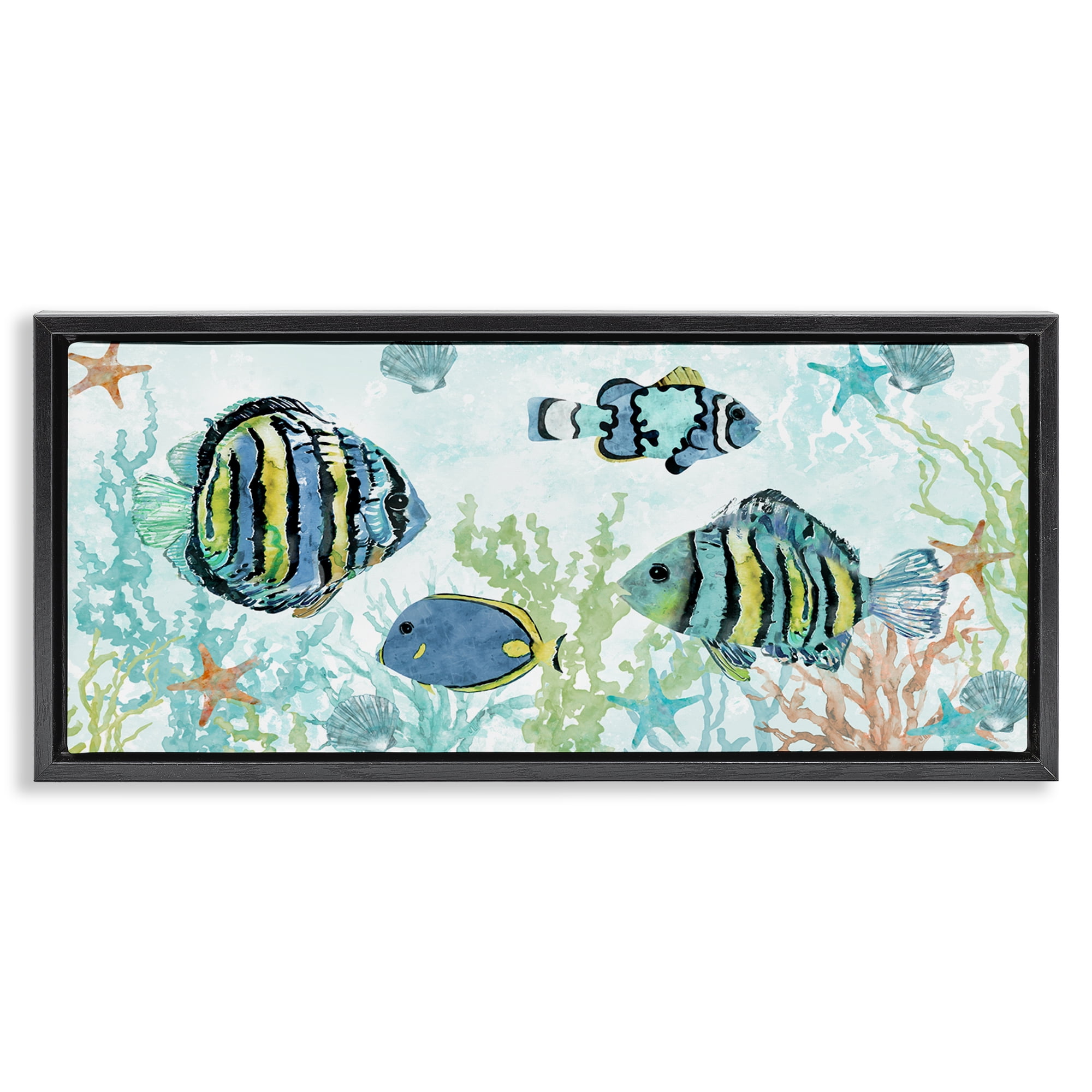 Stupell Industries Various Fish Underwater Animals Painting Black Floater Framed Canvas Art Print Wall Art, 31 x 14