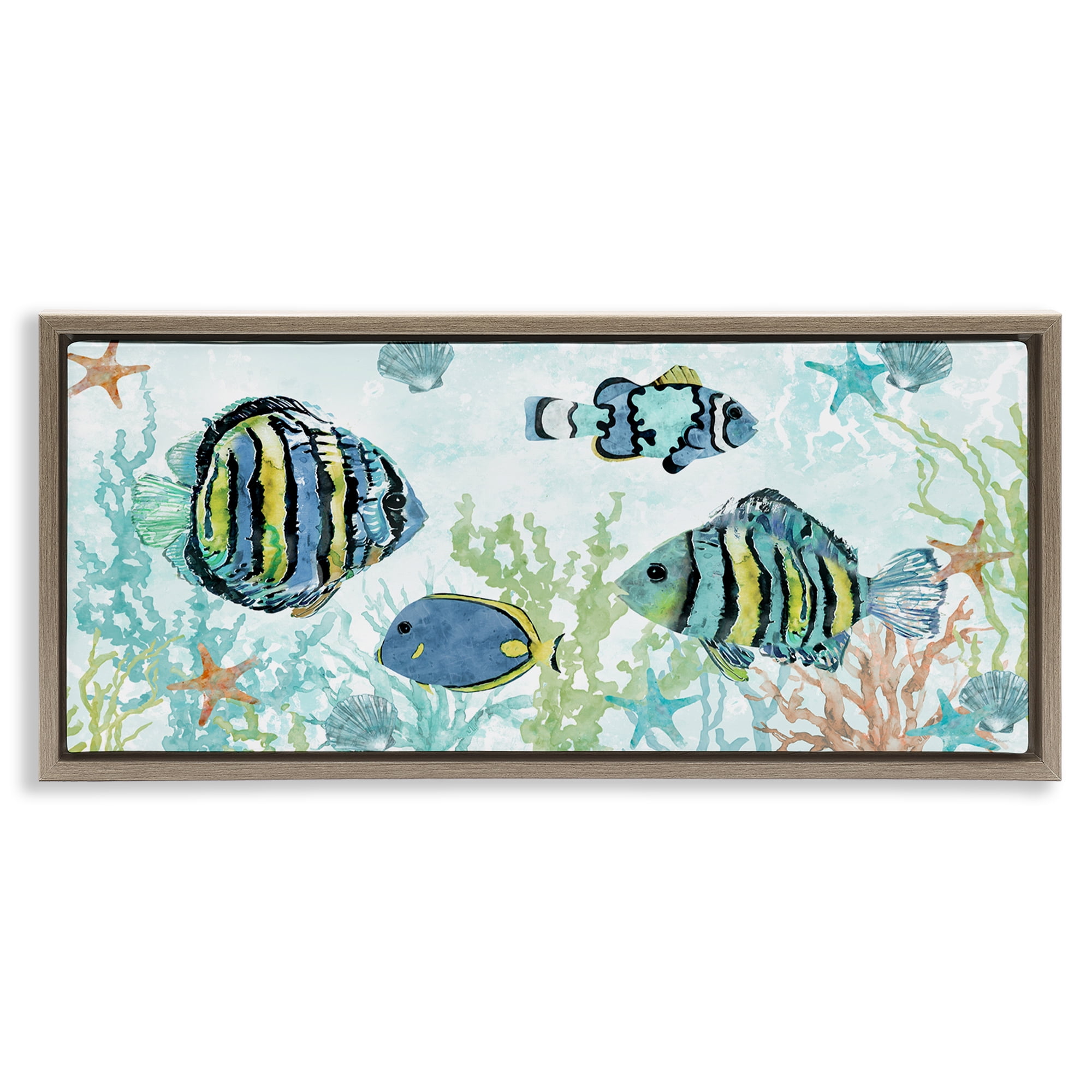 Stupell Industries Various Fish Underwater Animals Painting Brown Floater Framed Canvas Art Print Wall Art, 31 x 14