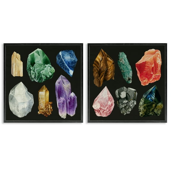 Stupell Industries Various Gemstones on Black STEM Painting Black Framed Art Print Wall Art, 12 x 12, Set of 2