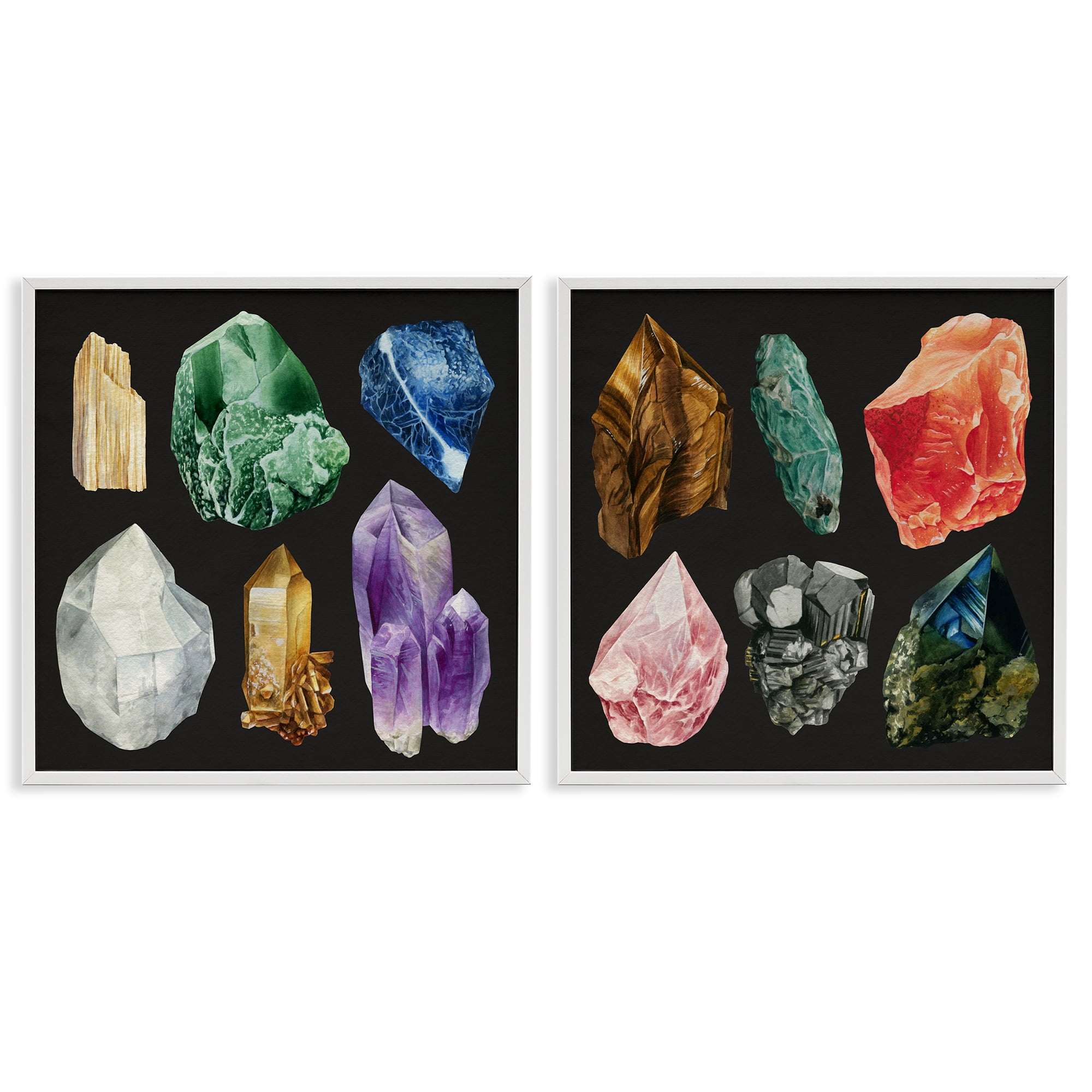 Stupell Industries Various Gemstones on Black STEM Painting White Framed Art Print Wall Art, 24 x 24, Set of 2