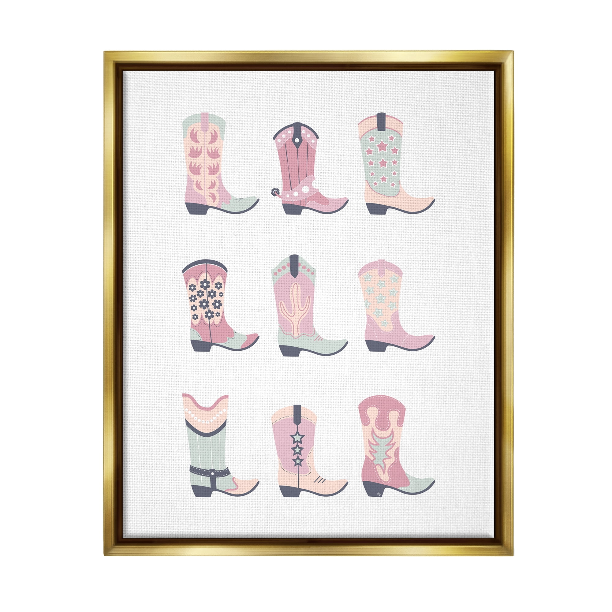 Stupell Industries Various Pastel Cowgirl Boots Beauty & Fashion Painting Gold Floater Framed Canvas Art Print Wall Art, 17 x 21