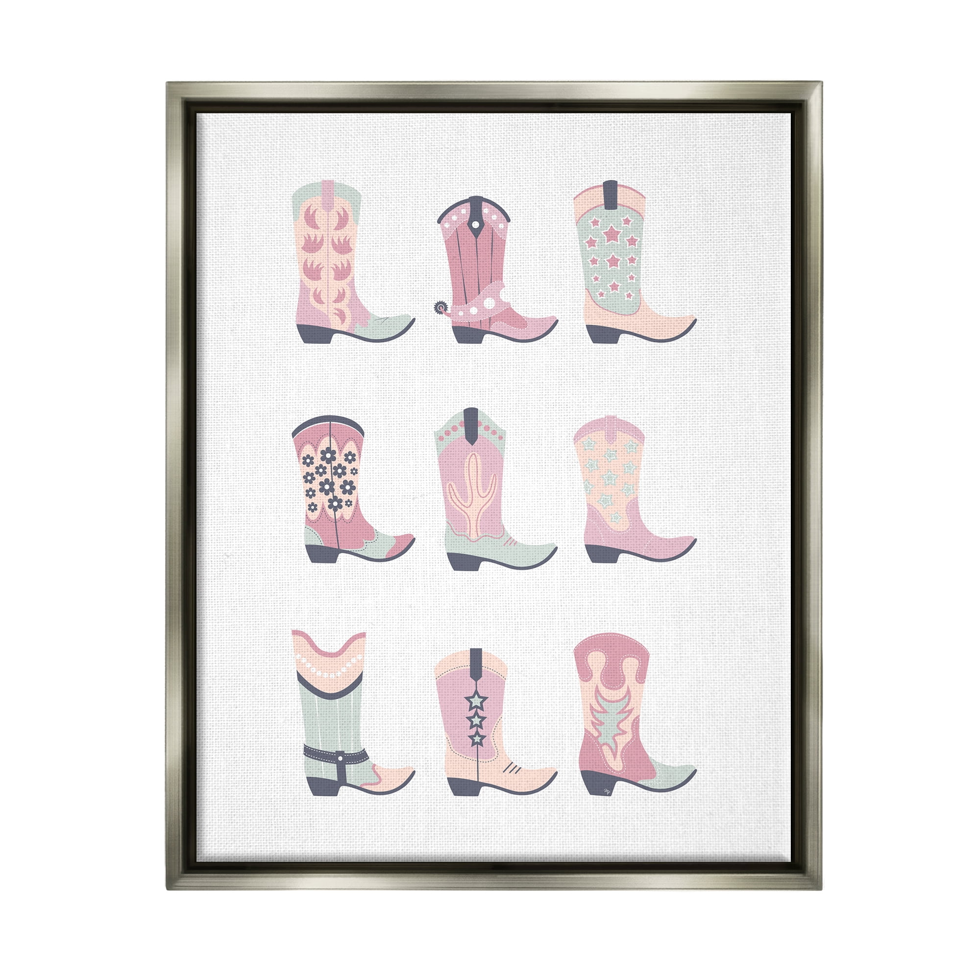 Stupell Industries Various Pastel Cowgirl Boots Beauty & Fashion Painting Gray Floater Framed Canvas Art Print Wall Art, 25 x 31