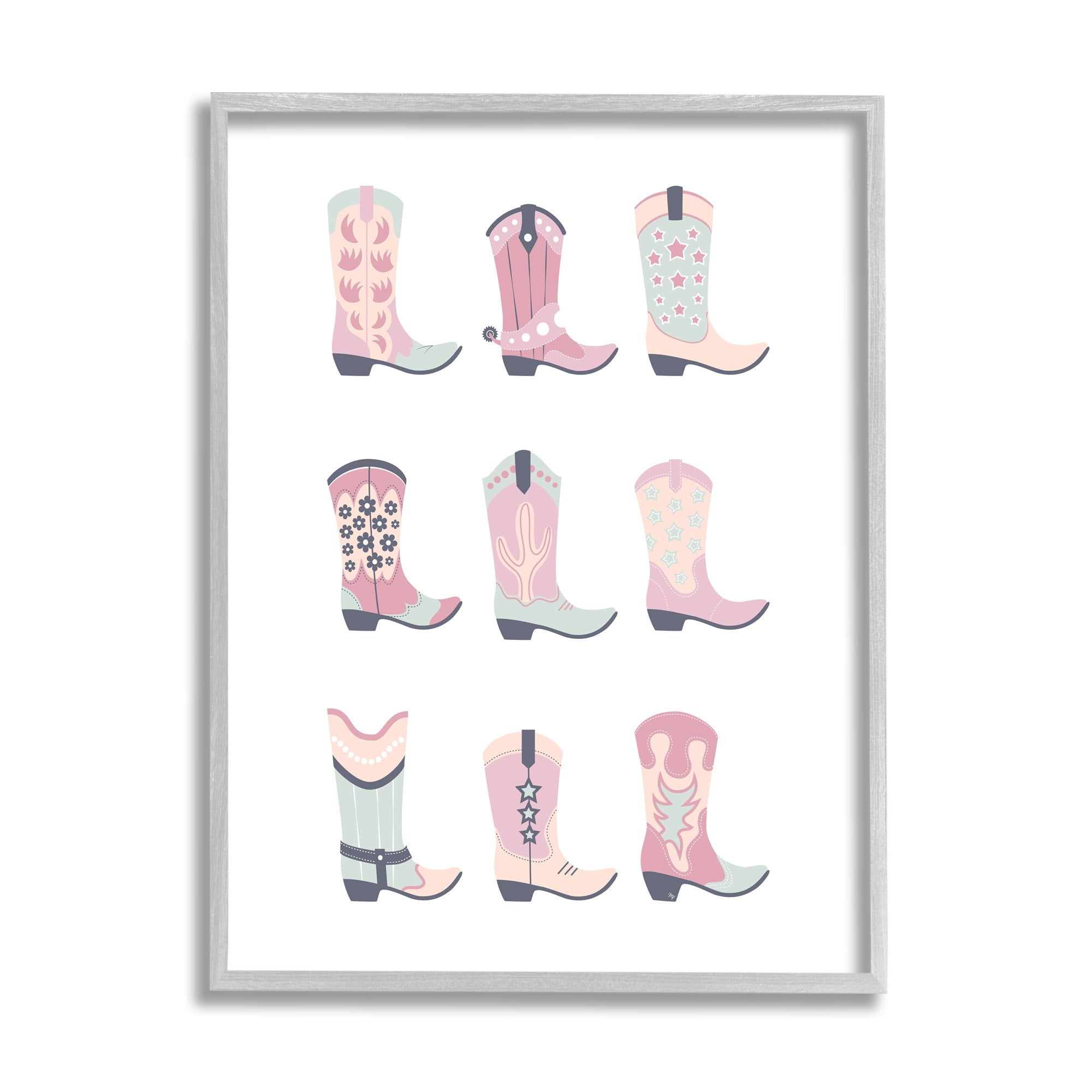 Stupell Industries Various Pastel Cowgirl Boots Beauty & Fashion Painting Gray Framed Art Print Wall Art, 16 x 20
