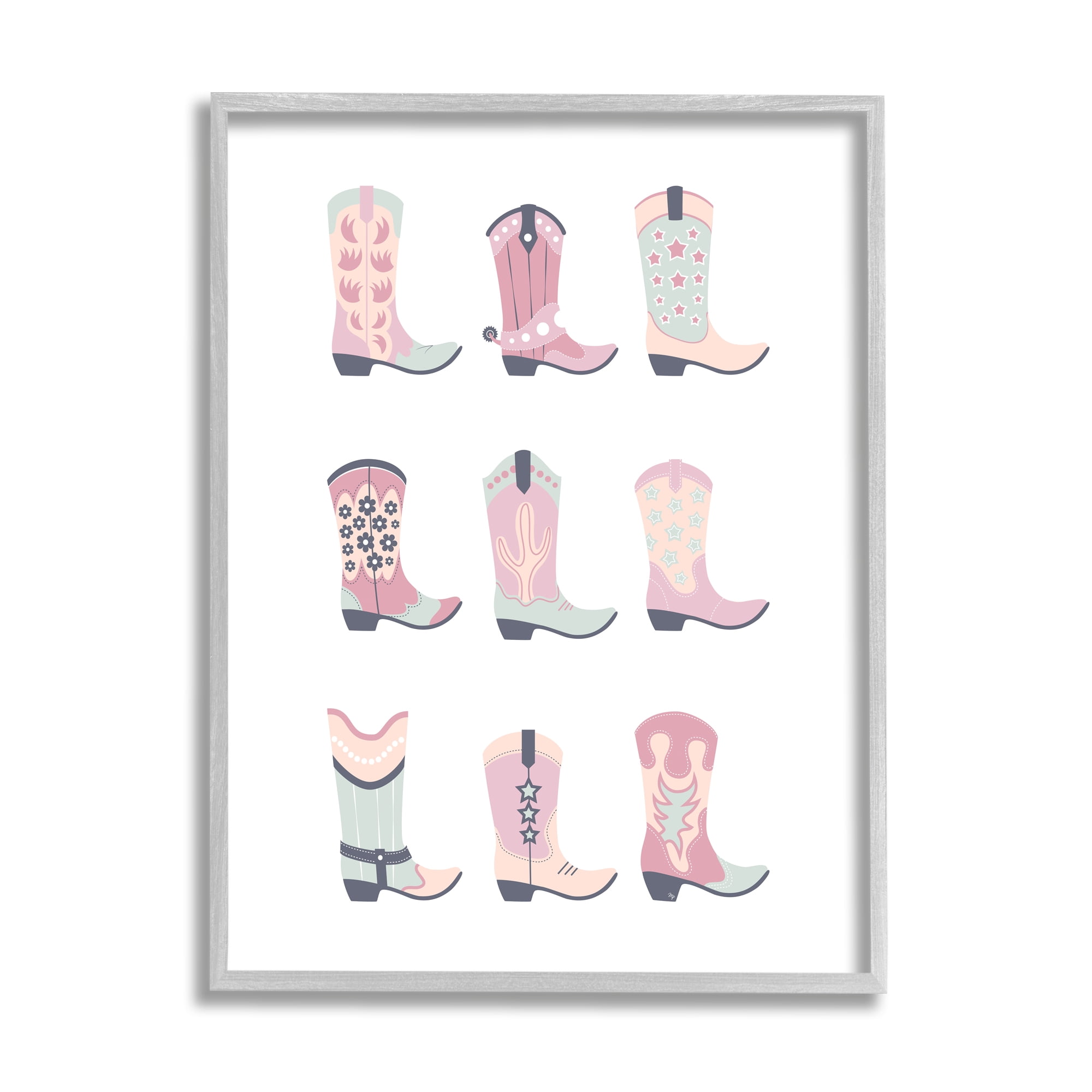 Stupell Industries Various Pastel Cowgirl Boots Beauty & Fashion Painting Gray Framed Art Print Wall Art, 24 x 30
