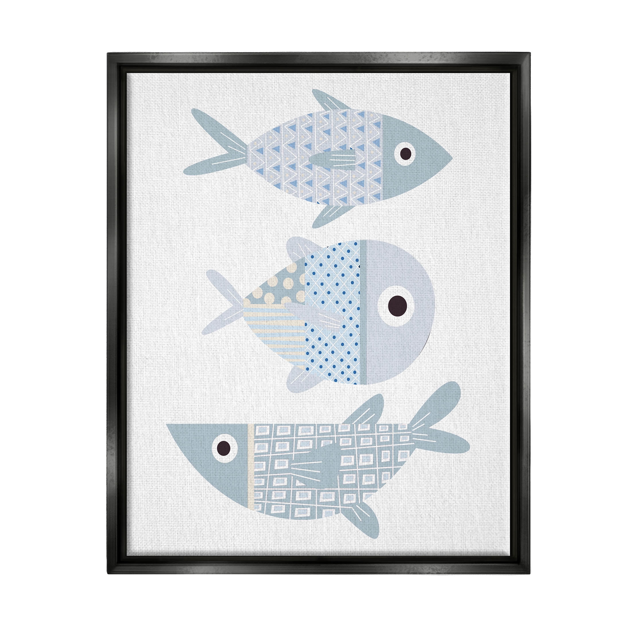 Stupell Industries Various Patterned Aquatic Fish Design Graphic Art Jet Black Floating Framed Canvas Print Wall Art, Design by Kim Allen