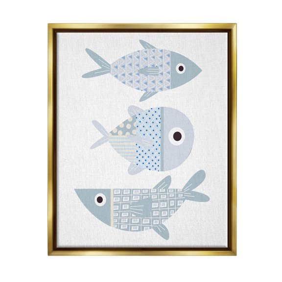 Stupell Industries Various Patterned Aquatic Fish Design Graphic Art Metallic Gold Floating Framed Canvas Print Wall Art, Design by Kim Allen
