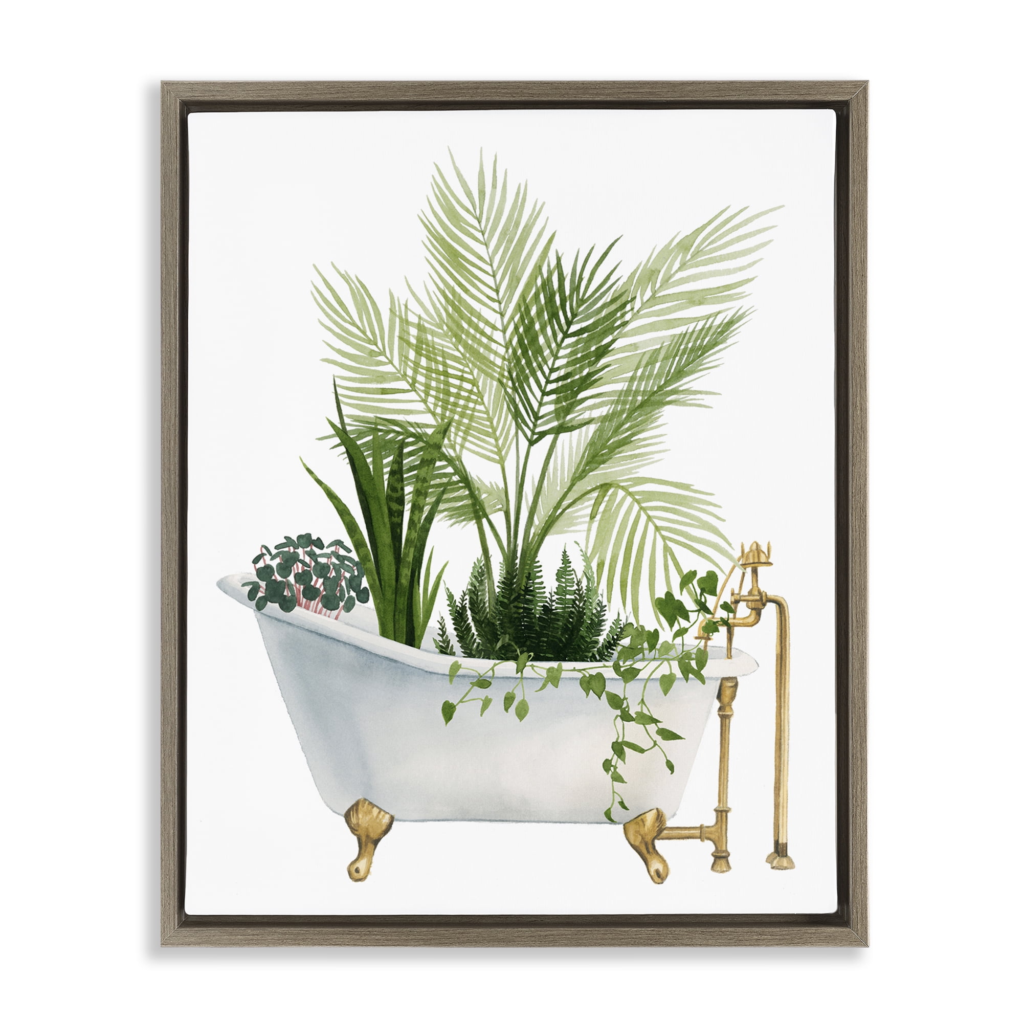 Various Plants Greenery Vintage Tub Brown Floating Frame Canvas Art, 17 x 21