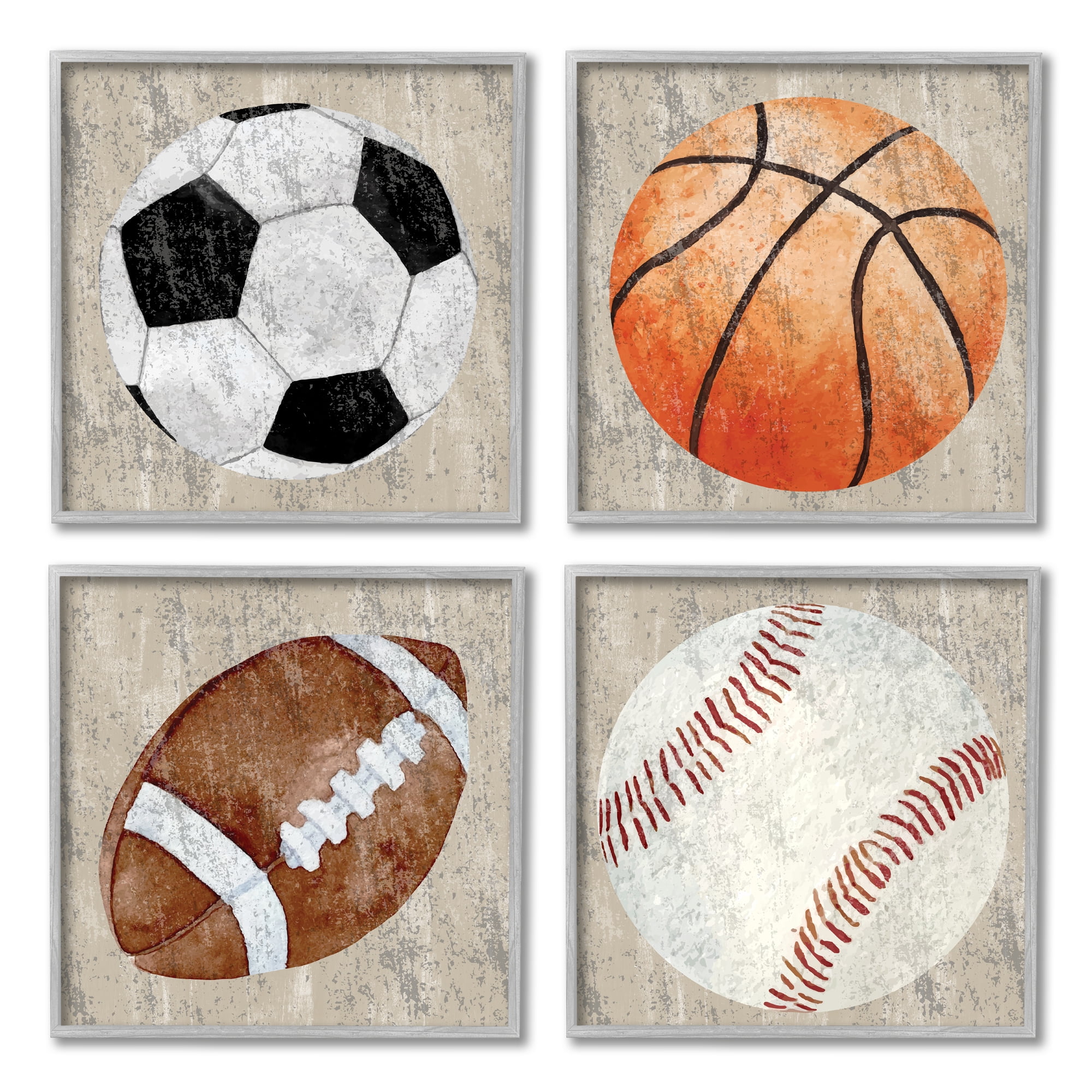 Stupell Industries Various Rustic Sports Balls Art for Kids Painting Gray Framed Art Print Wall Art, 12 x 12, Set of 4
