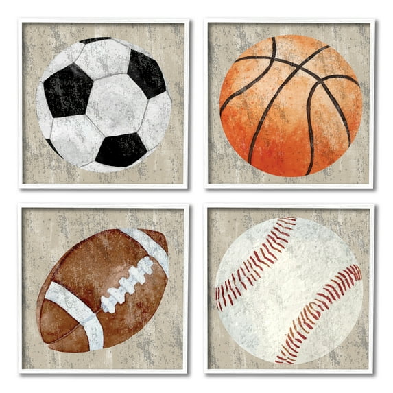 Stupell Industries Various Rustic Sports Balls Art for Kids Painting White Framed Art Print Wall Art, 17 x 17, Set of 4