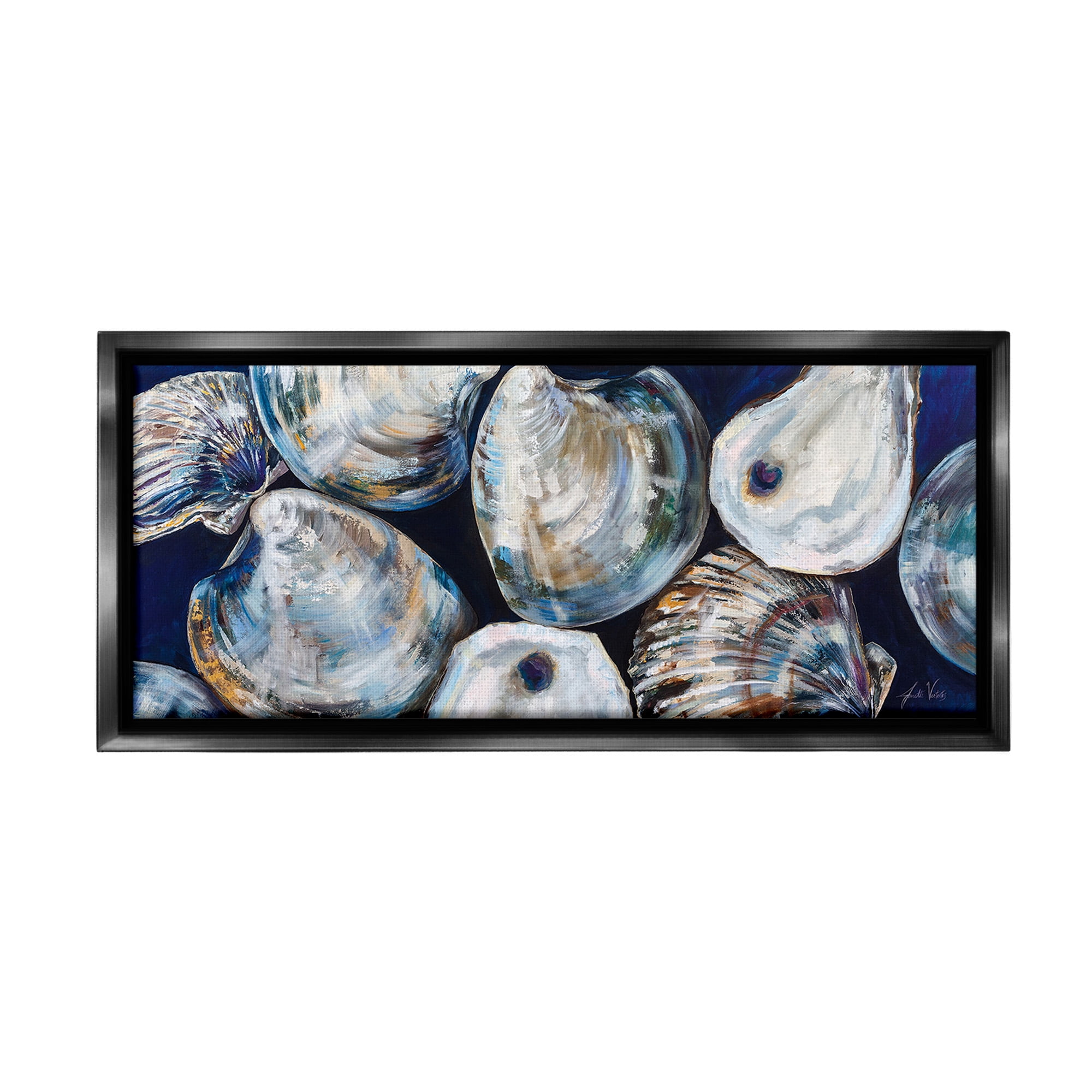 Stupell Industries Various Sea Clams Animals & Insects Painting Black Floater Framed Canvas Art Print Wall Art, 31 x 14