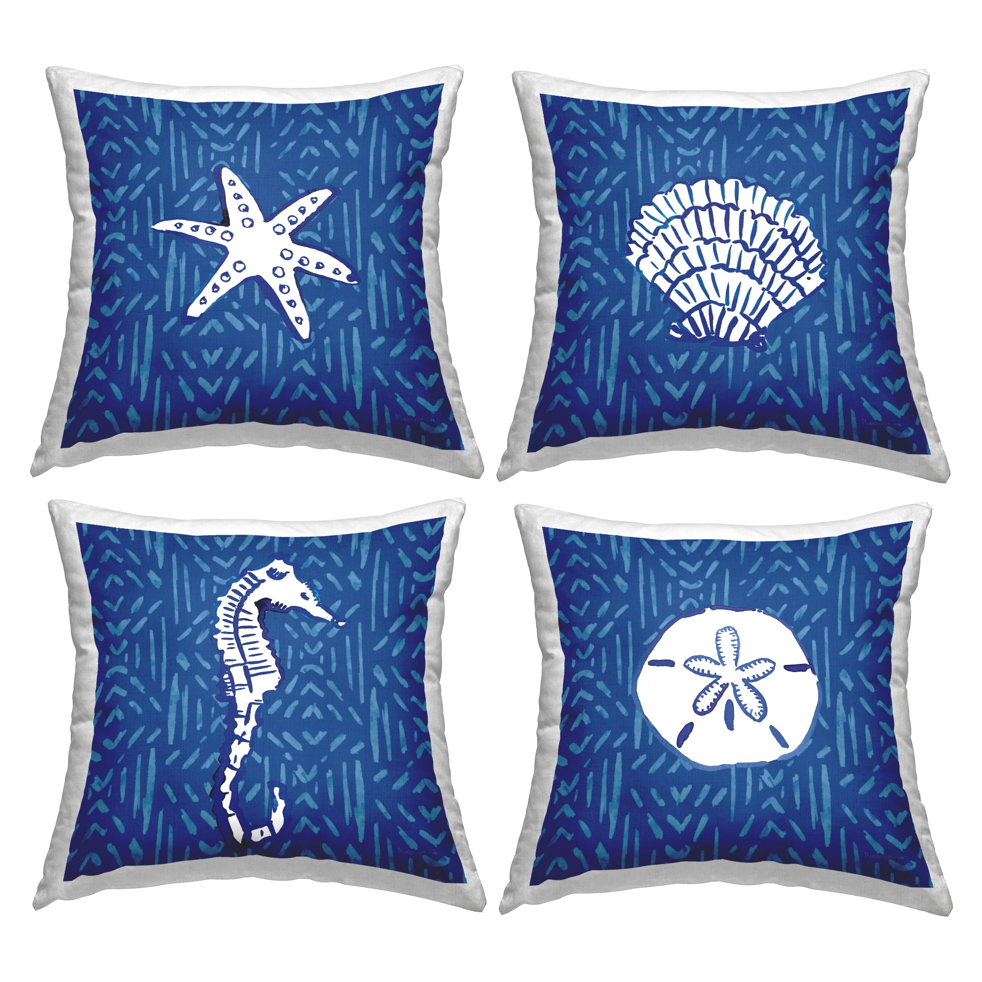 Stupell Industries Various Seashells Blue Beach Line Patterns Design by Mercedes Lopez Charro Throw Pillow (set of 4)