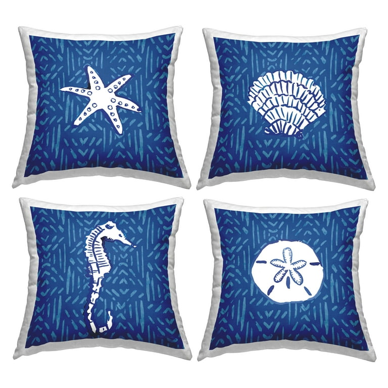 Stupell Industries Various Seashells Blue Beach Line Patterns 4 Pillow Set,  18 x 18