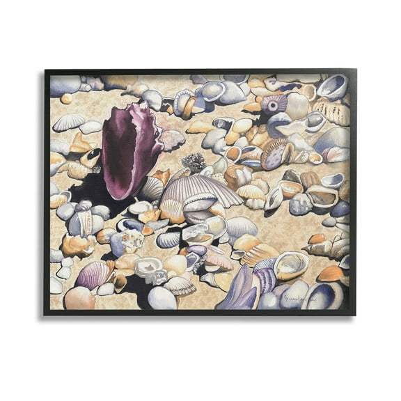 Stupell Industries Various Seashells on Coast Landscape Painting Black Framed Art Print Wall Art, 14 x 11