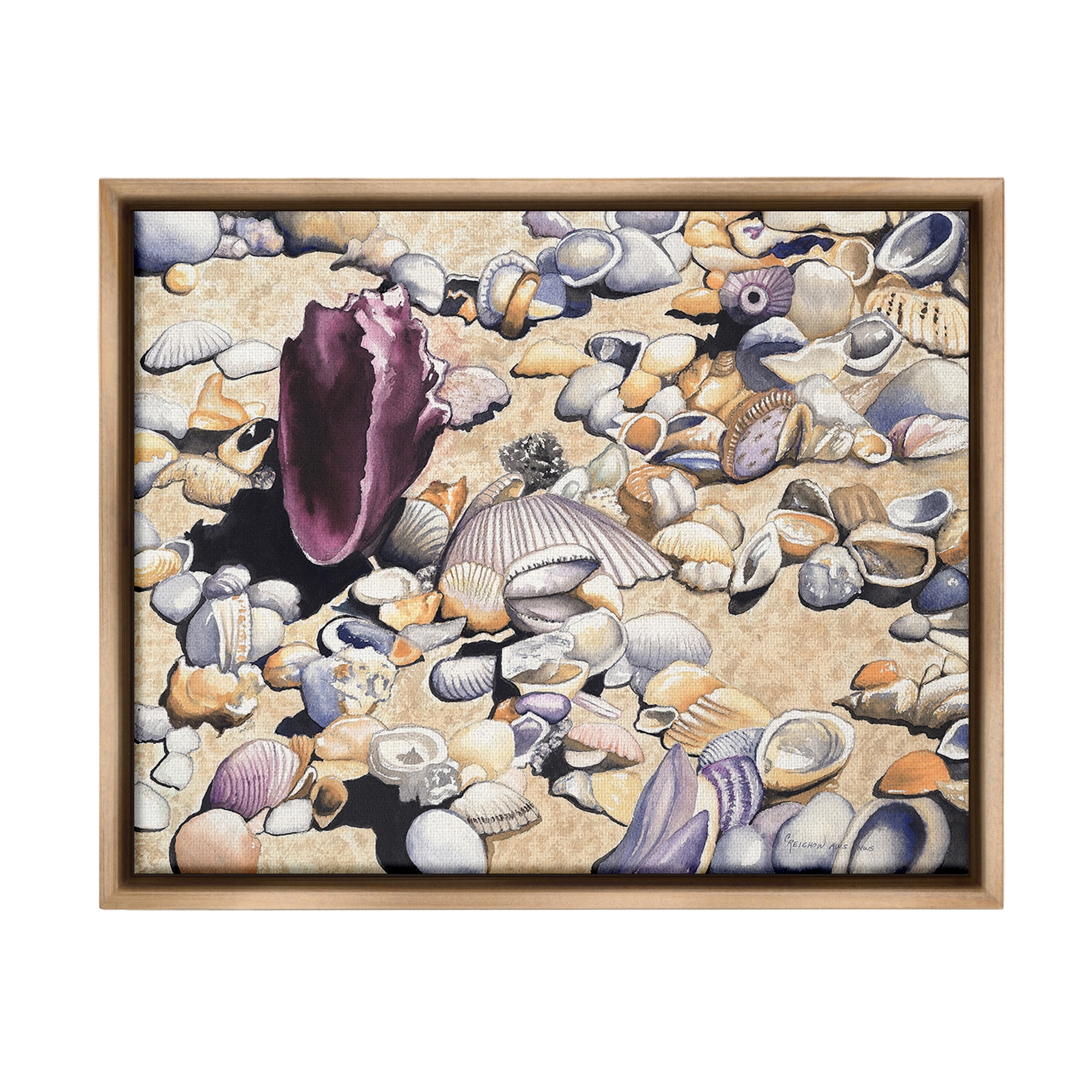 Stupell Industries Various Seashells on Coast Landscape Painting Brown Floater Framed Canvas Art Print Wall Art, 31 x 25