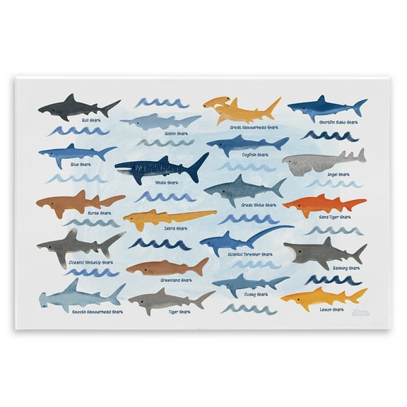 Stupell Industries Various Shark Breeds Coastal Painting Unframed Art Print Wall Art, 15 x 10