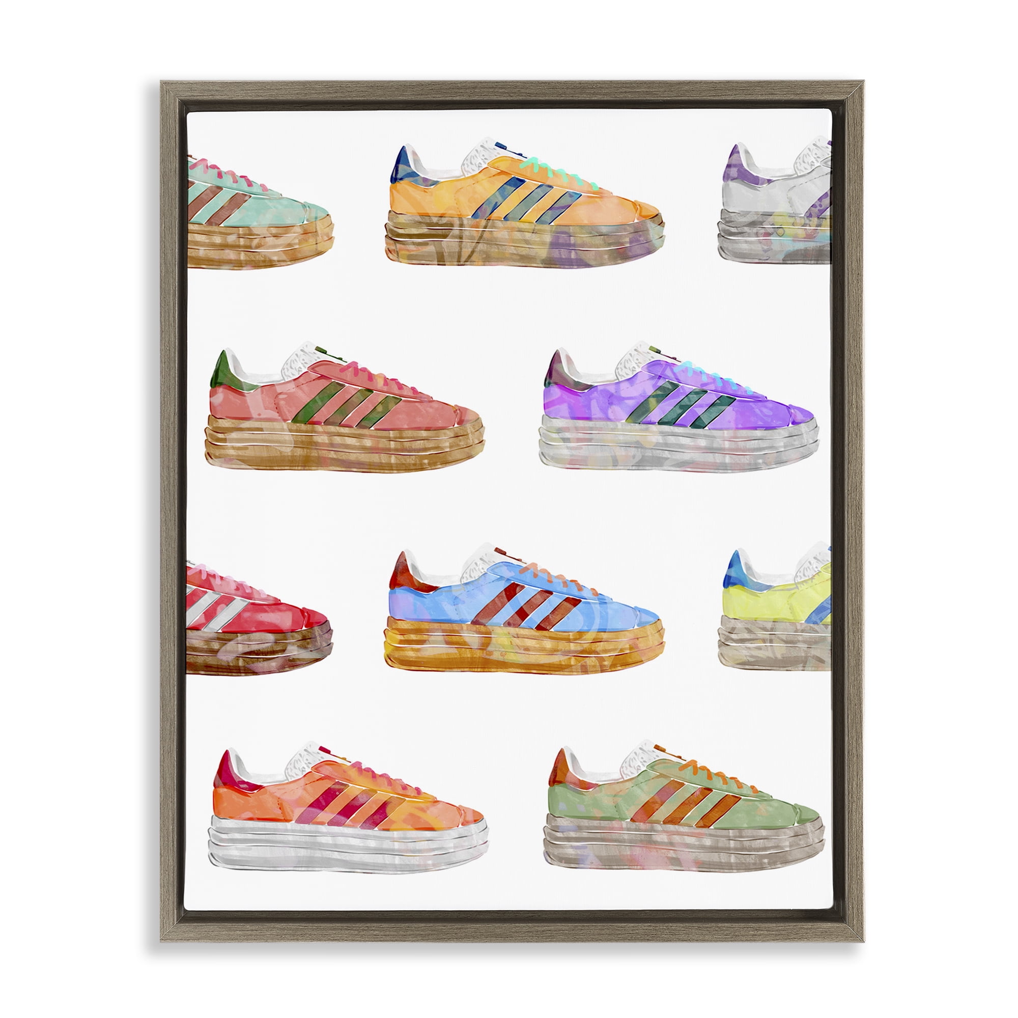 Stupell Industries Various Striped Sneakers Beauty & Fashion Painting Brown Floater Framed Art Print Wall Art, 17 x 21