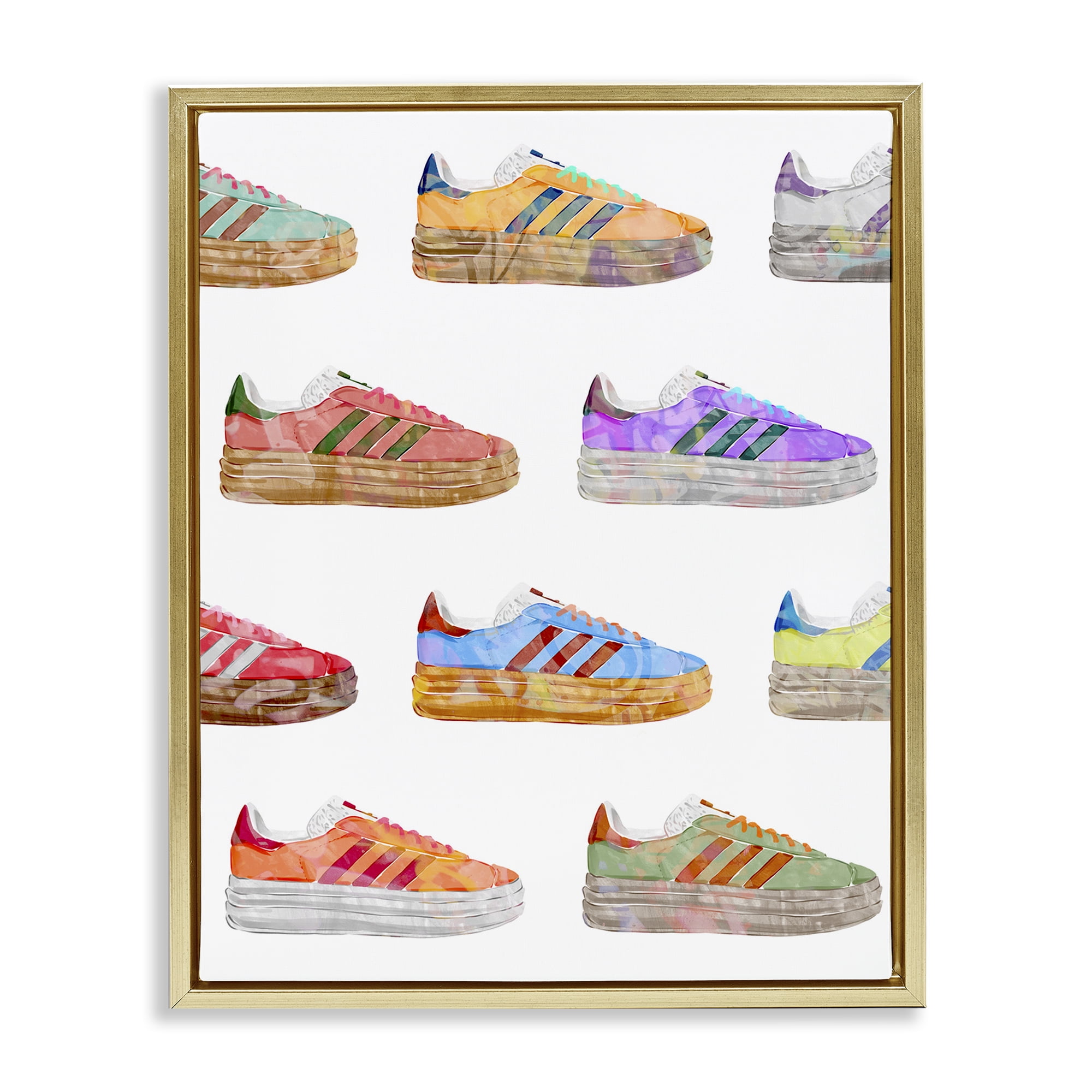 Stupell Industries Various Striped Sneakers Beauty & Fashion Painting Gold Floater Framed Art Print Wall Art, 25 x 31
