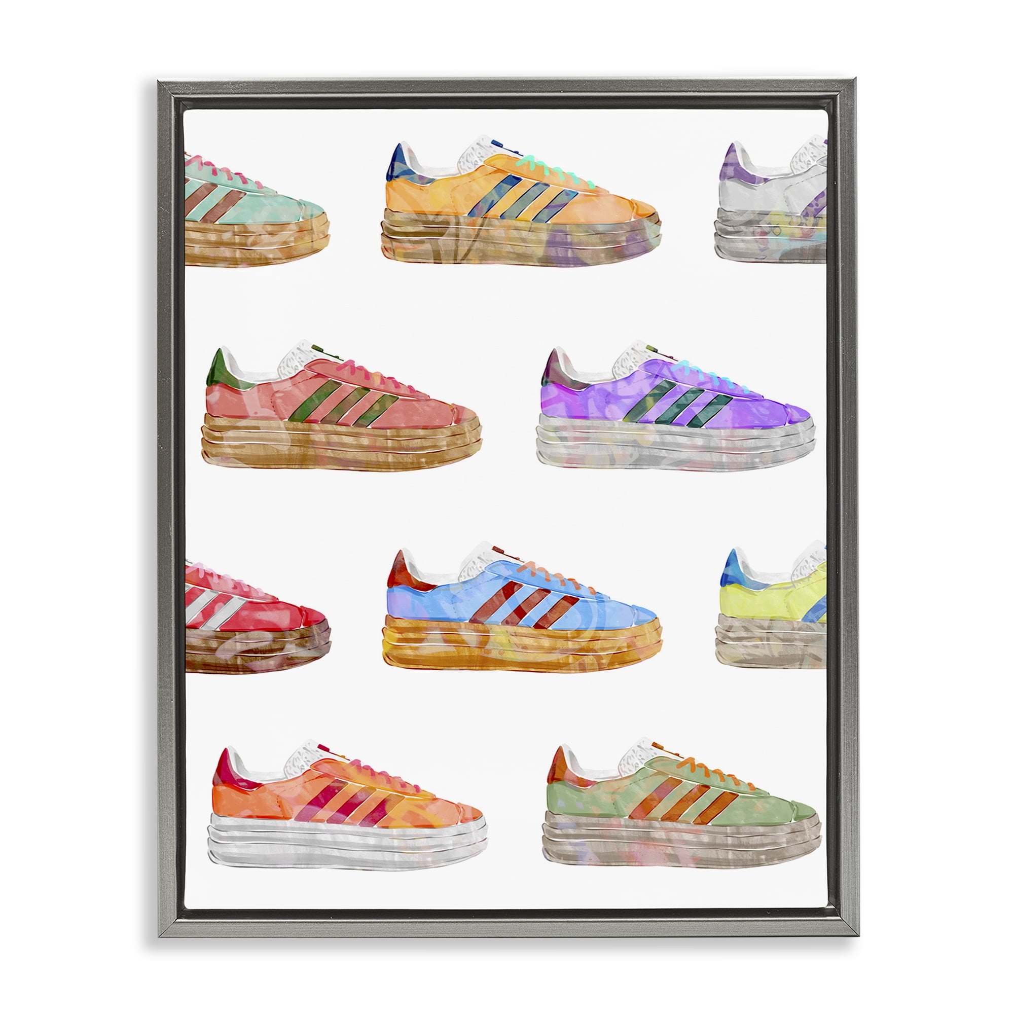 Stupell Industries Various Striped Sneakers Beauty & Fashion Painting Gray Floater Framed Art Print Wall Art, 25 x 31