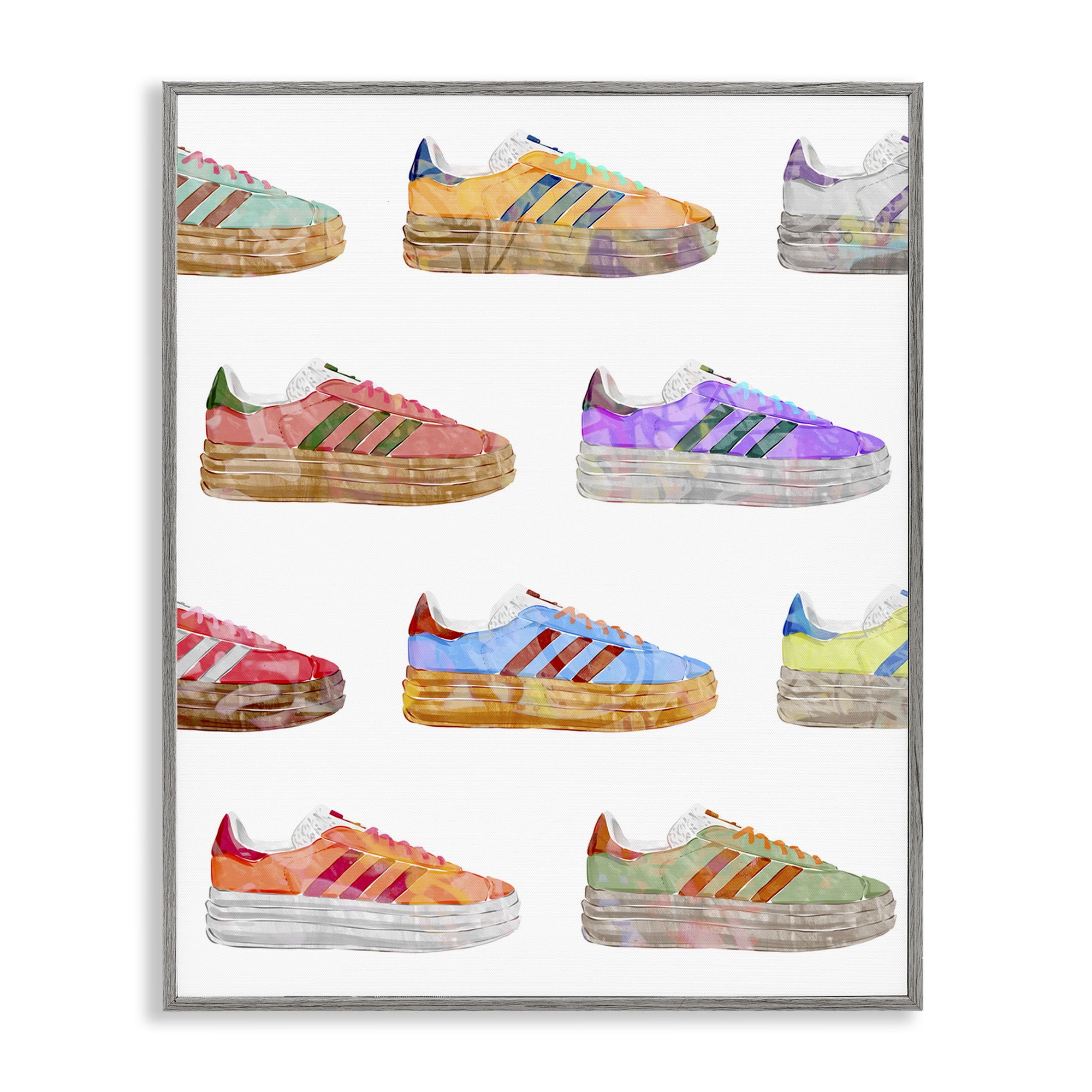 Stupell Industries Various Striped Sneakers Beauty & Fashion Painting Gray Framed Art Print Wall Art, 11 x 14