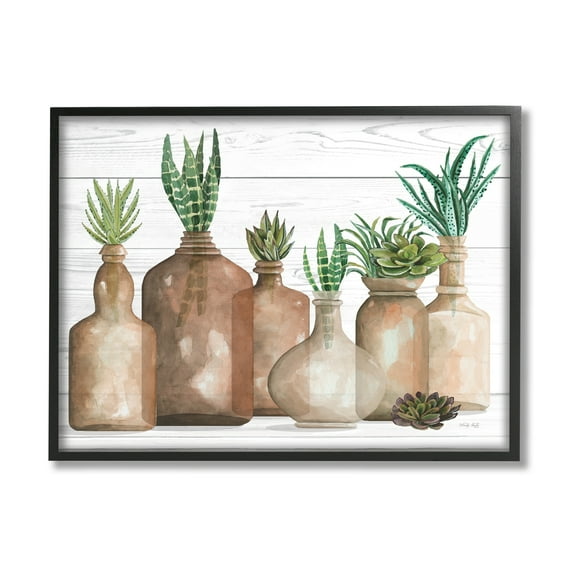 Stupell Industries Various Succulents Plants Vases Jars Striped Leaves Graphic Art Black Framed Art Print Wall Art, Design by Cindy Jacobs
