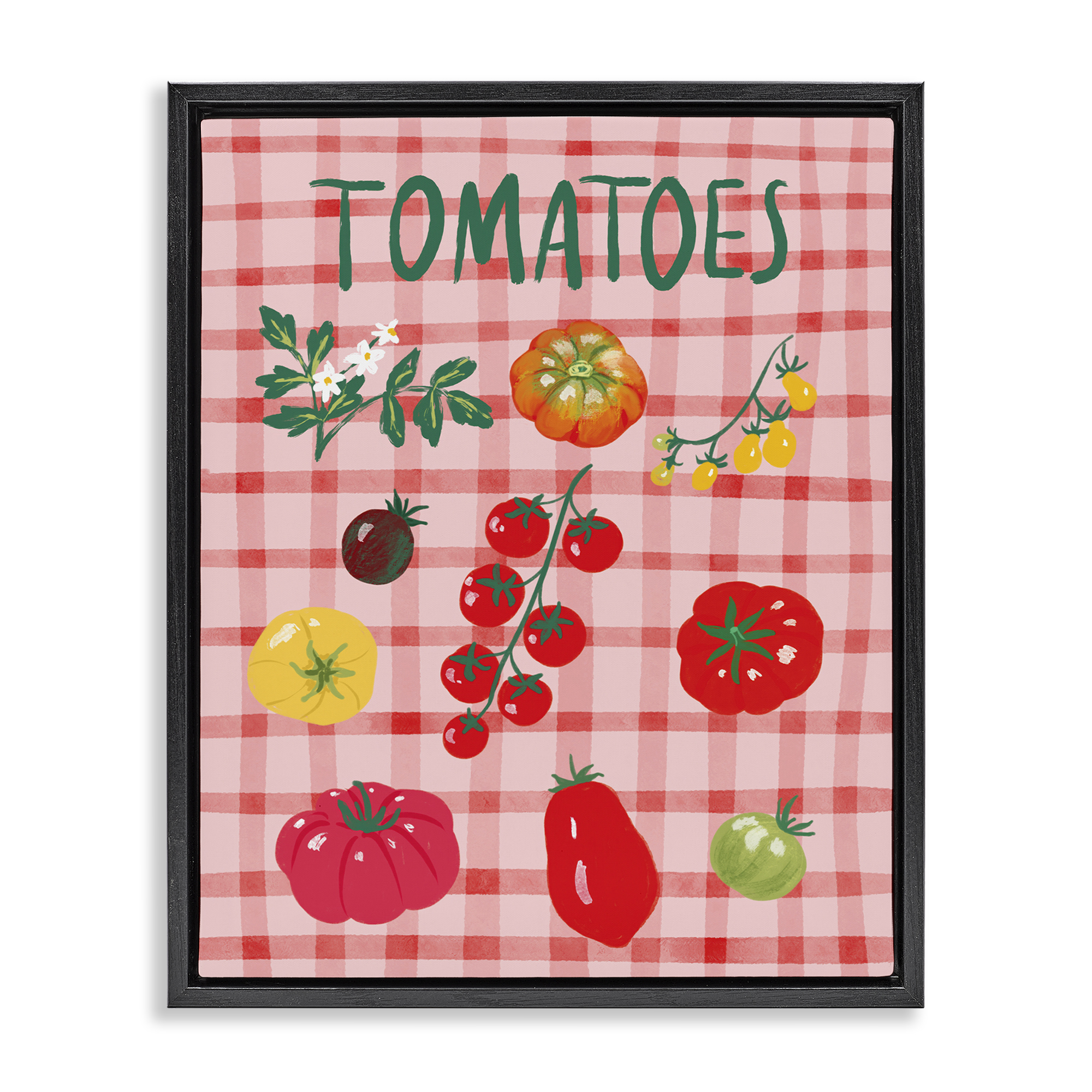 Stupell Industries Various Tomatoes on Plaid Food & Beverage Painting Black Floater Framed Canvas Art Print Wall Art, 17 x 21