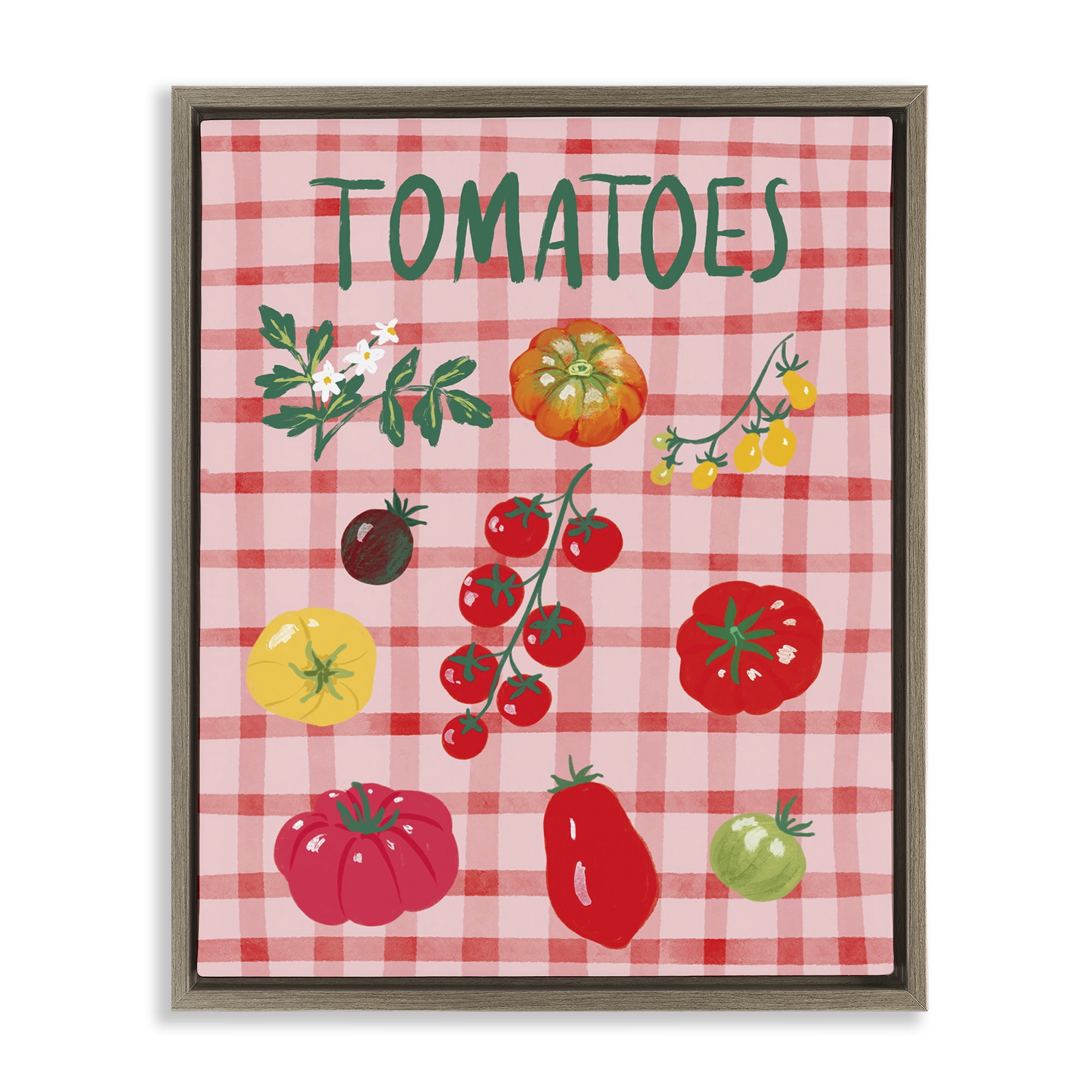 Stupell Industries Various Tomatoes on Plaid Food & Beverage Painting Brown Floater Framed Canvas Art Print Wall Art, 25 x 31