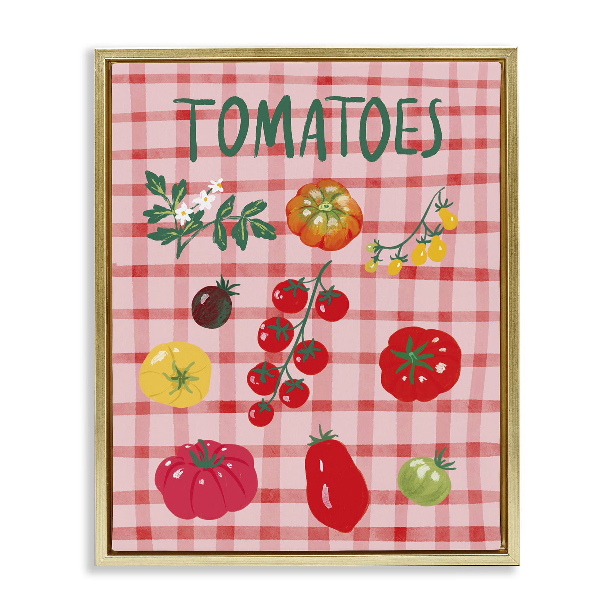 Stupell Industries Various Tomatoes on Plaid Food & Beverage Painting Gold Floater Framed Canvas Art Print Wall Art, 17 x 21