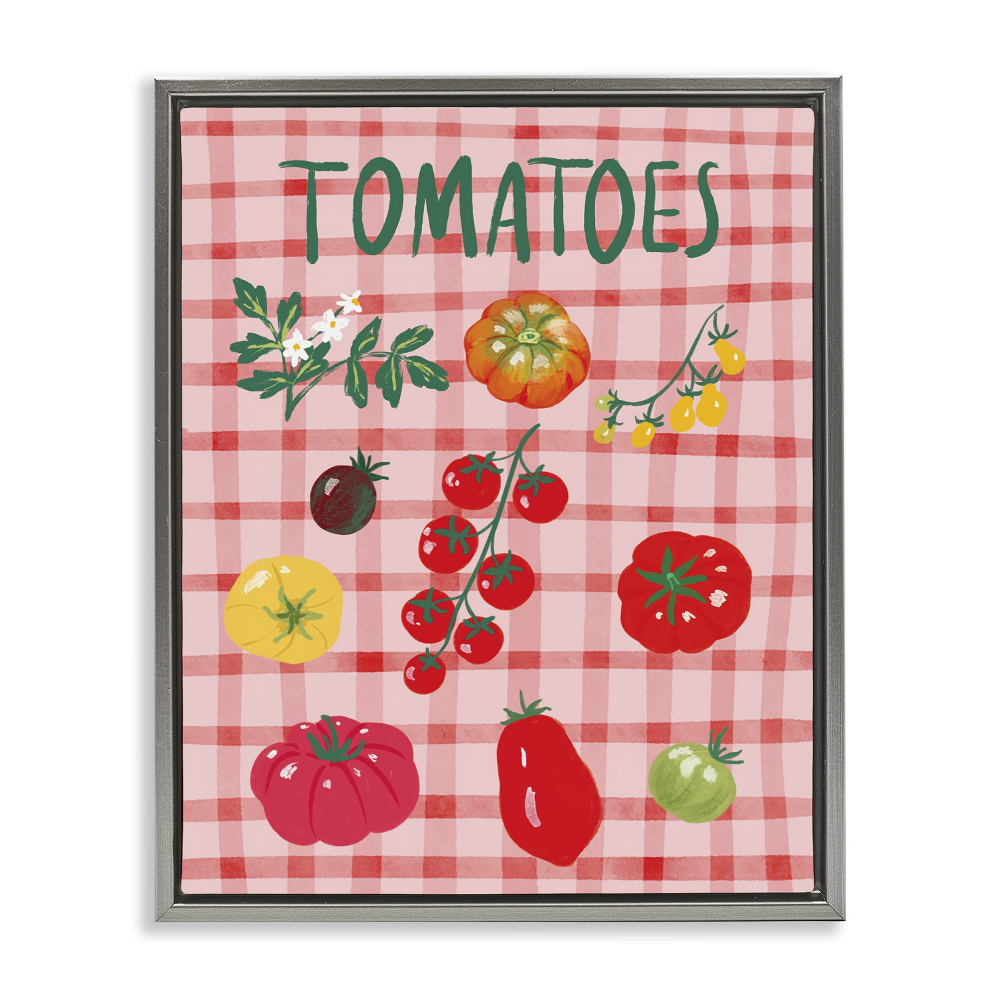 Stupell Industries Various Tomatoes on Plaid Food & Beverage Painting Gray Floater Framed Canvas Art Print Wall Art, 17 x 21