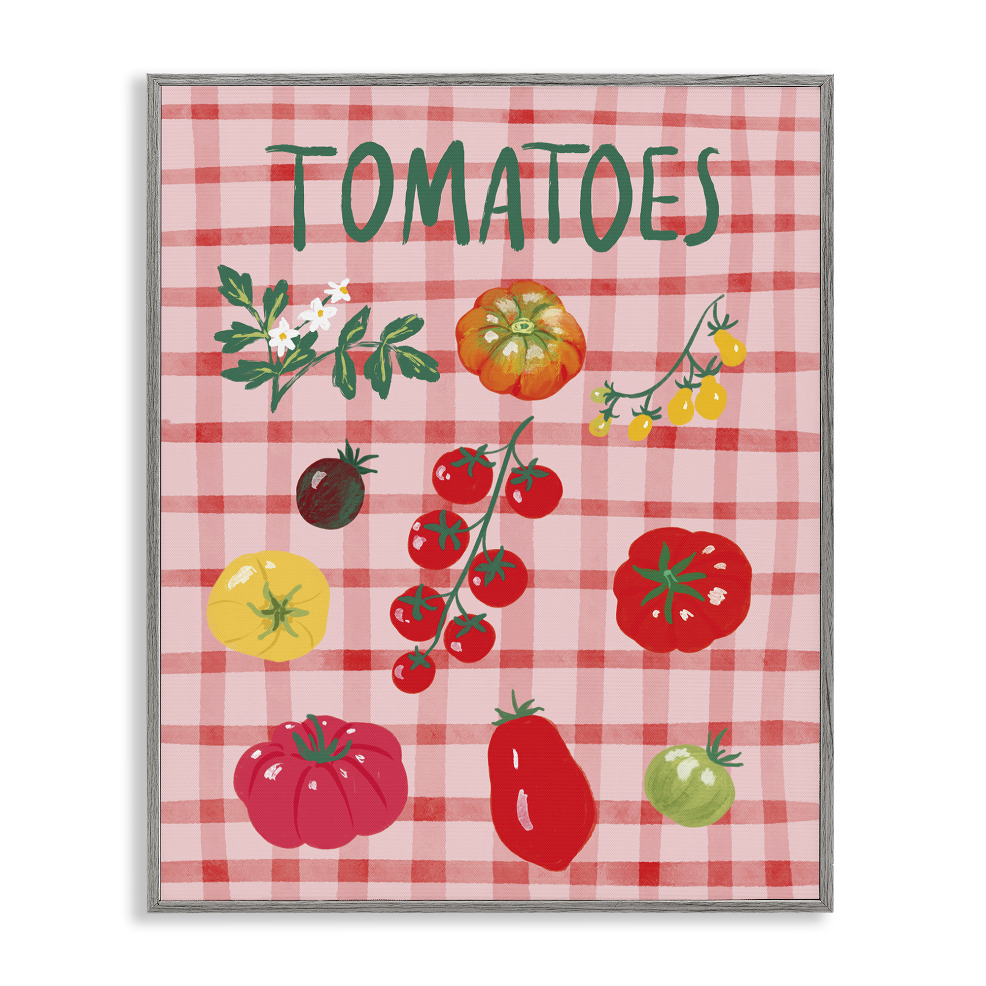 Stupell Industries Various Tomatoes on Plaid Food & Beverage Painting Gray Framed Art Print Wall Art, 16 x 20