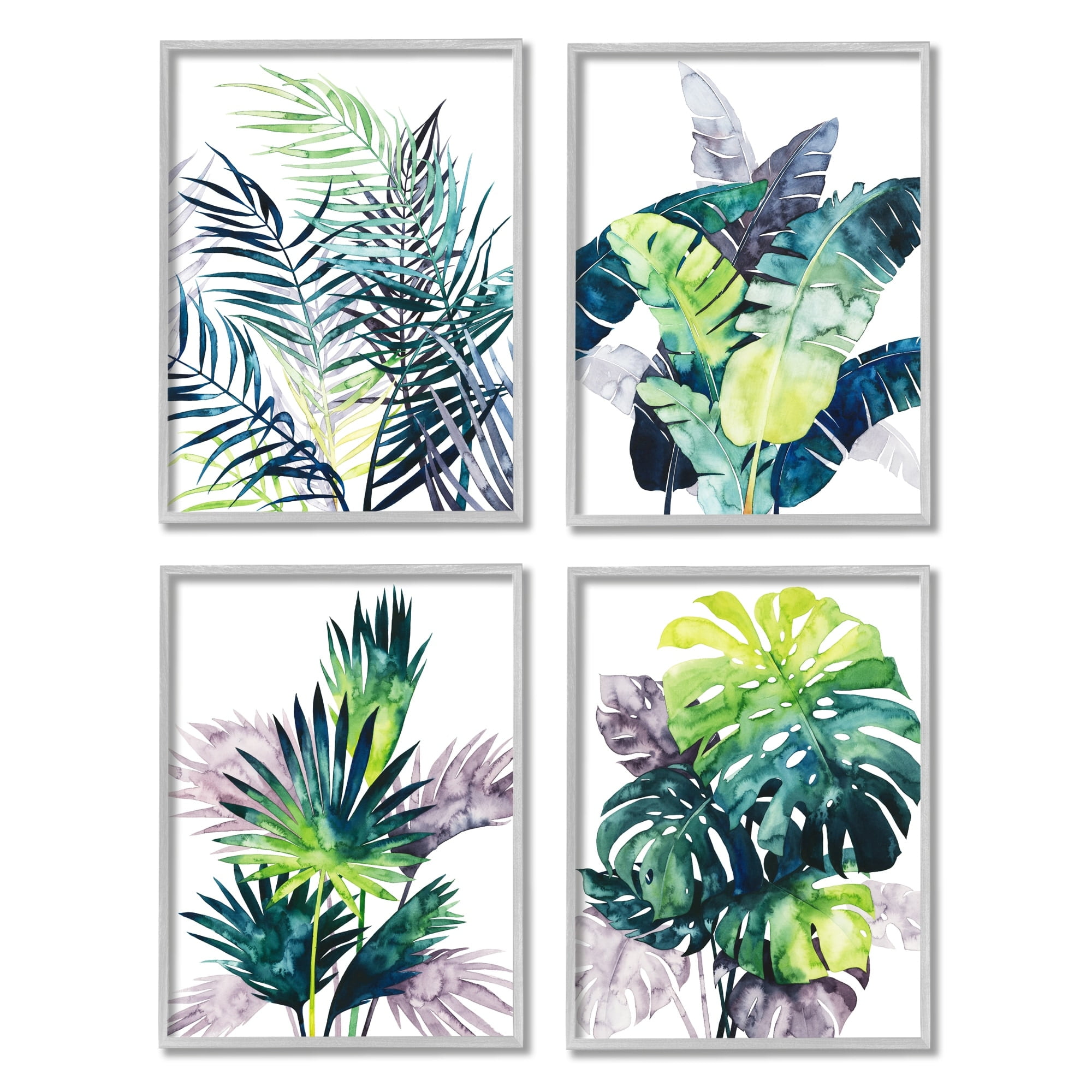 Stupell Industries Various Tropical Palm Fans Green Blue Plants Grey Framed, 11 x 14, Design by Grace Popp