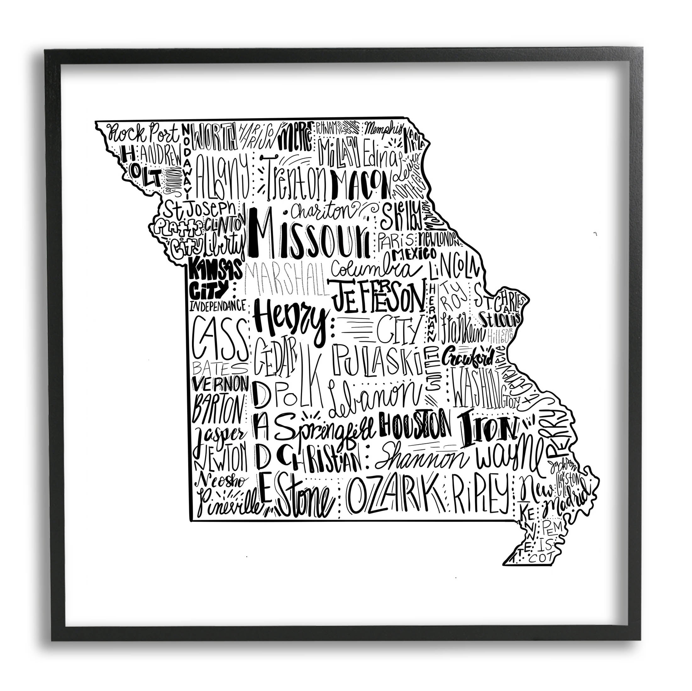 Stupell Industries Various Typography Cities Missouri State Graphic Art Black Framed Art Print Wall Art, Design by The Saturday Evening Post