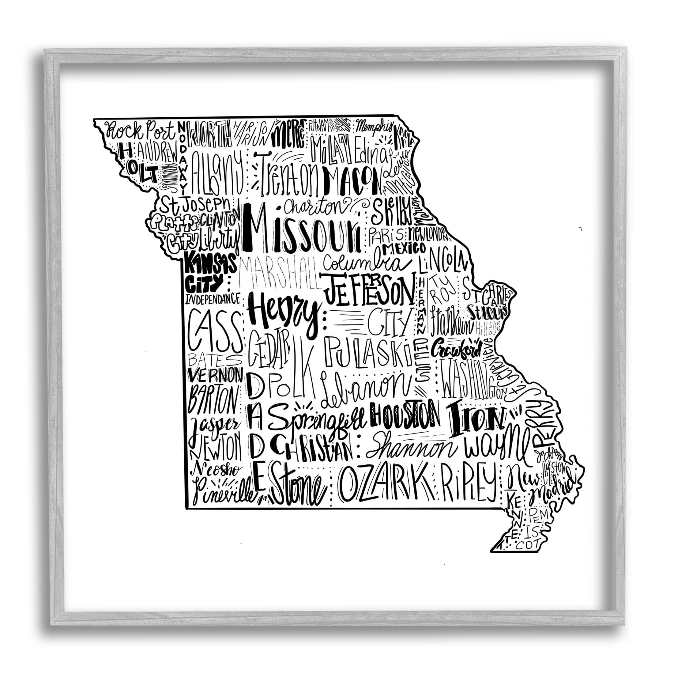 Stupell Industries Various Typography Cities Missouri State Graphic Art Gray Framed Art Print Wall Art, Design by The Saturday Evening Post