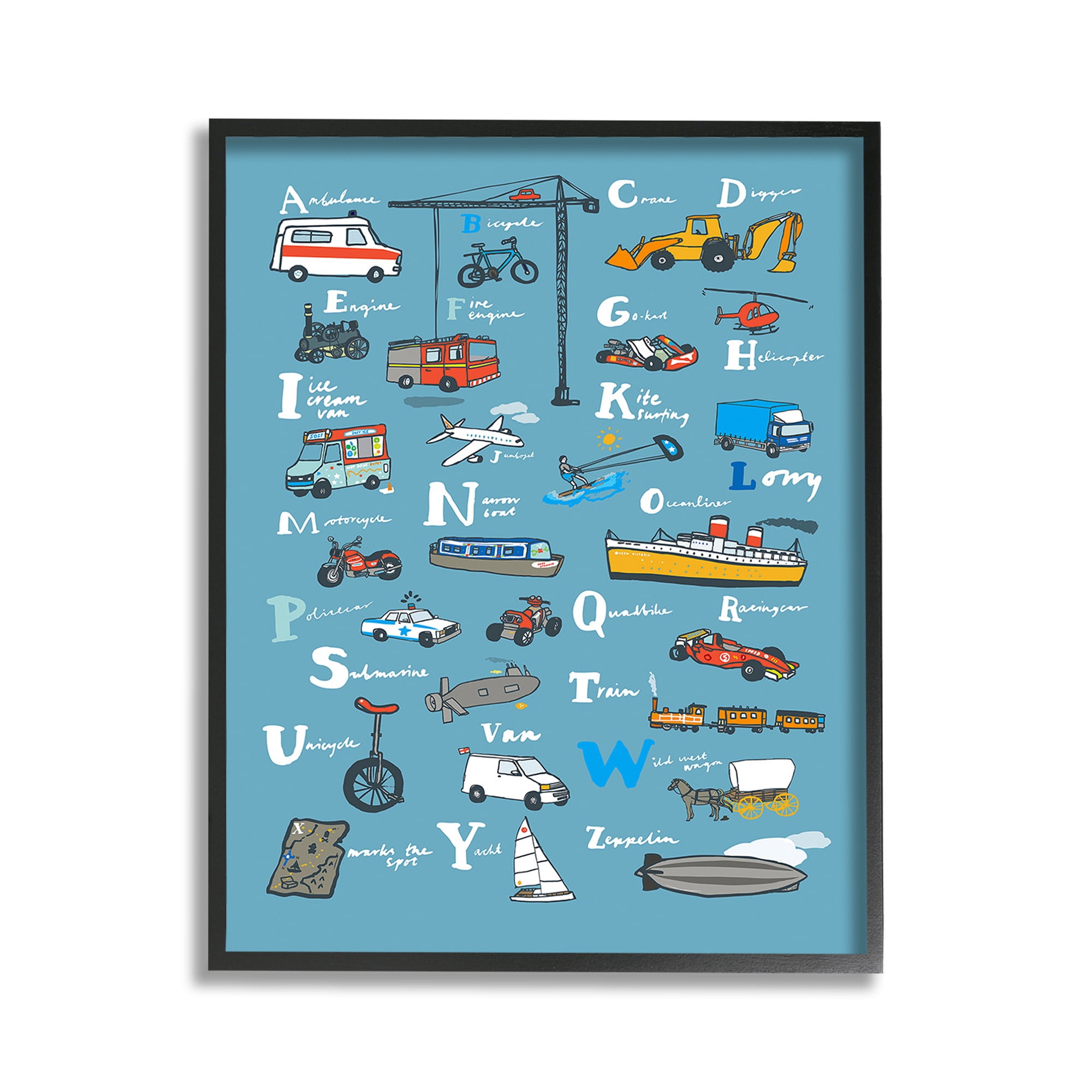 Stupell Industries Various Vehicles Alphabet Transportation Painting Black Framed Art Print Wall Art, 11 x 14