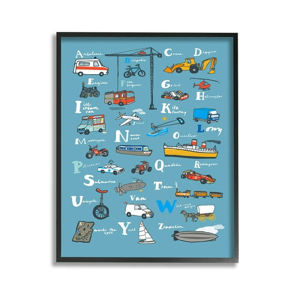 Stupell Industries Various Vehicles Alphabet Transportation Painting Black Framed Art Print Wall Art, 11 x 14