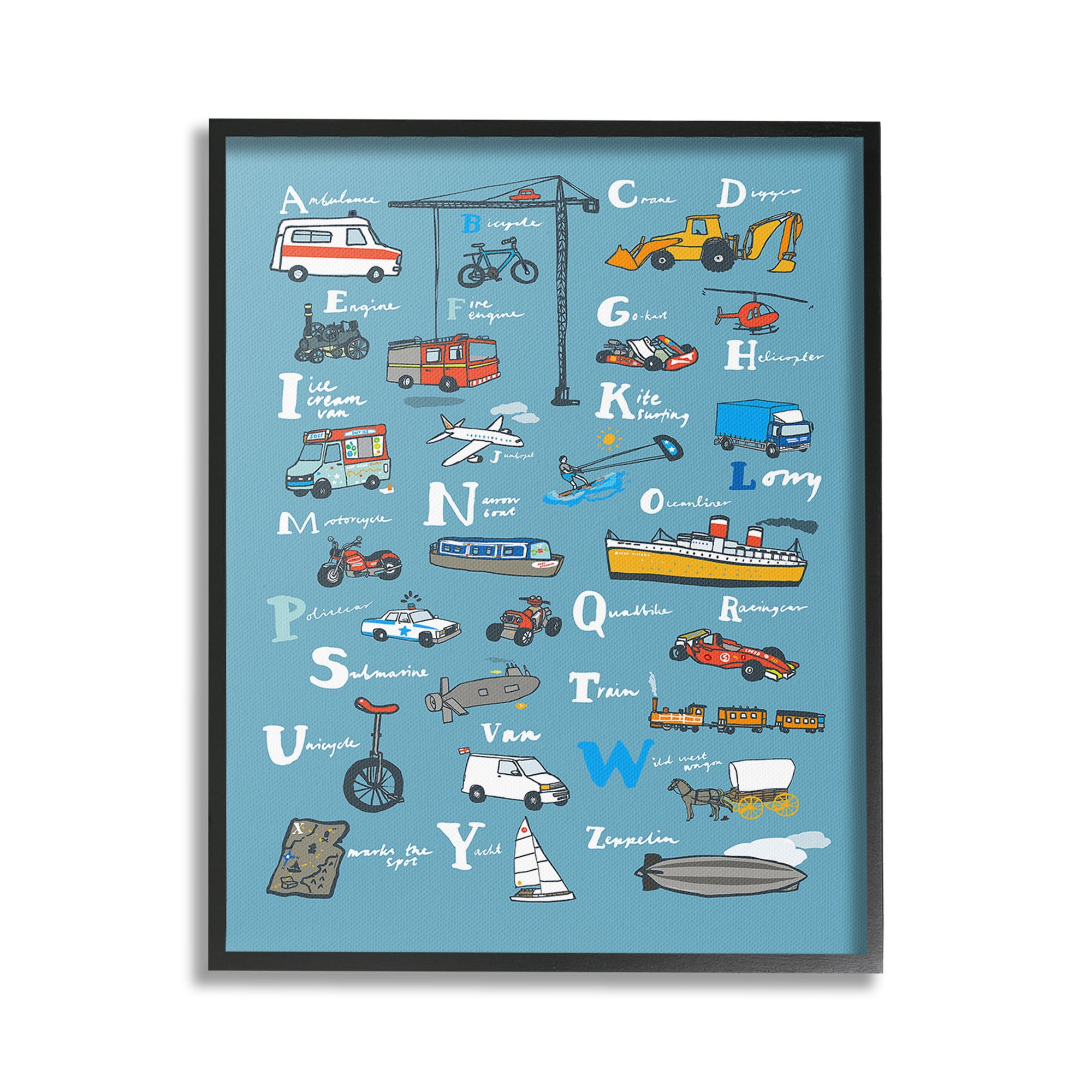 Stupell Industries Various Vehicles Alphabet Transportation Painting Black Framed Art Print Wall Art, 16 x 20