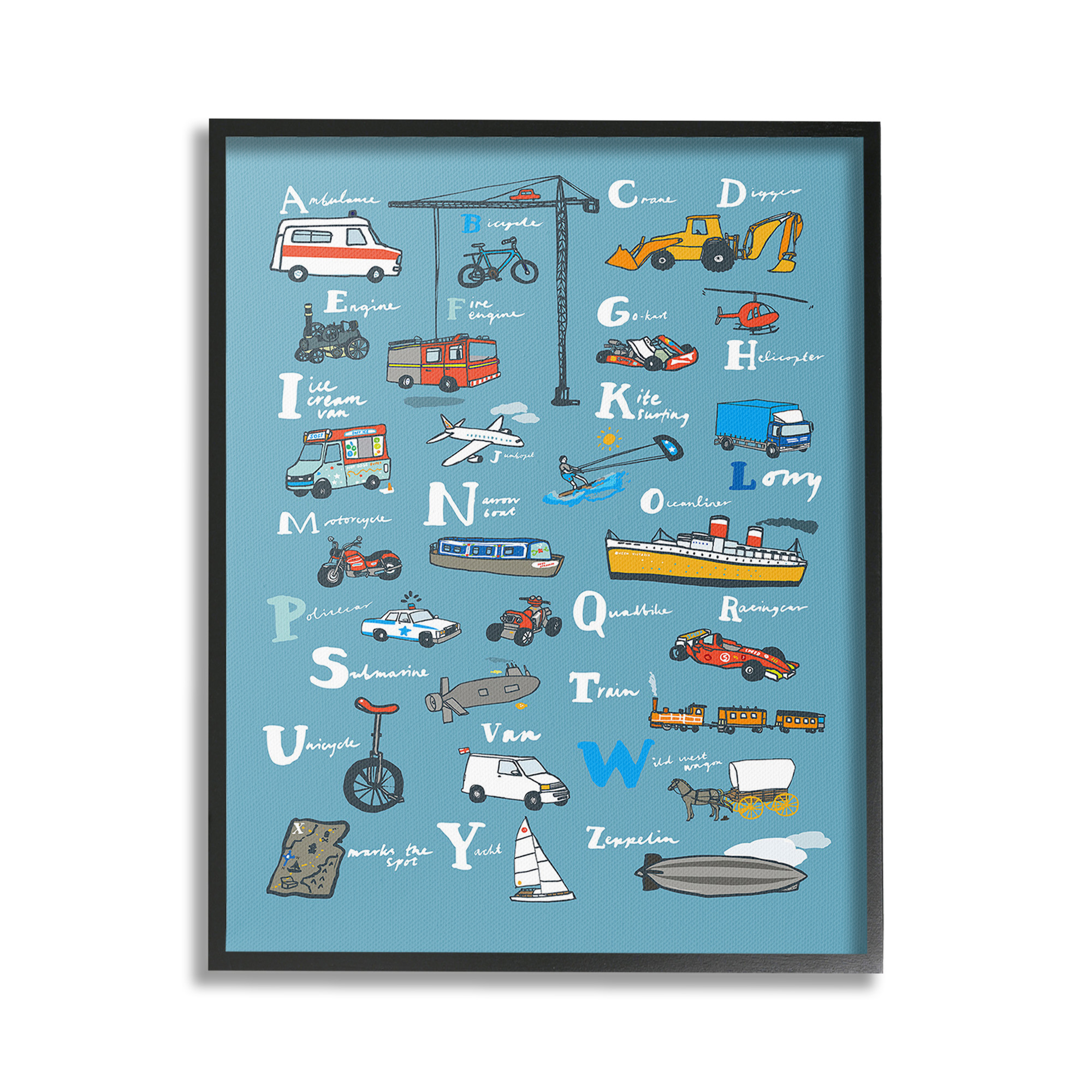 Stupell Industries Various Vehicles Alphabet Transportation Painting Black Framed Art Print Wall Art, 24 x 30