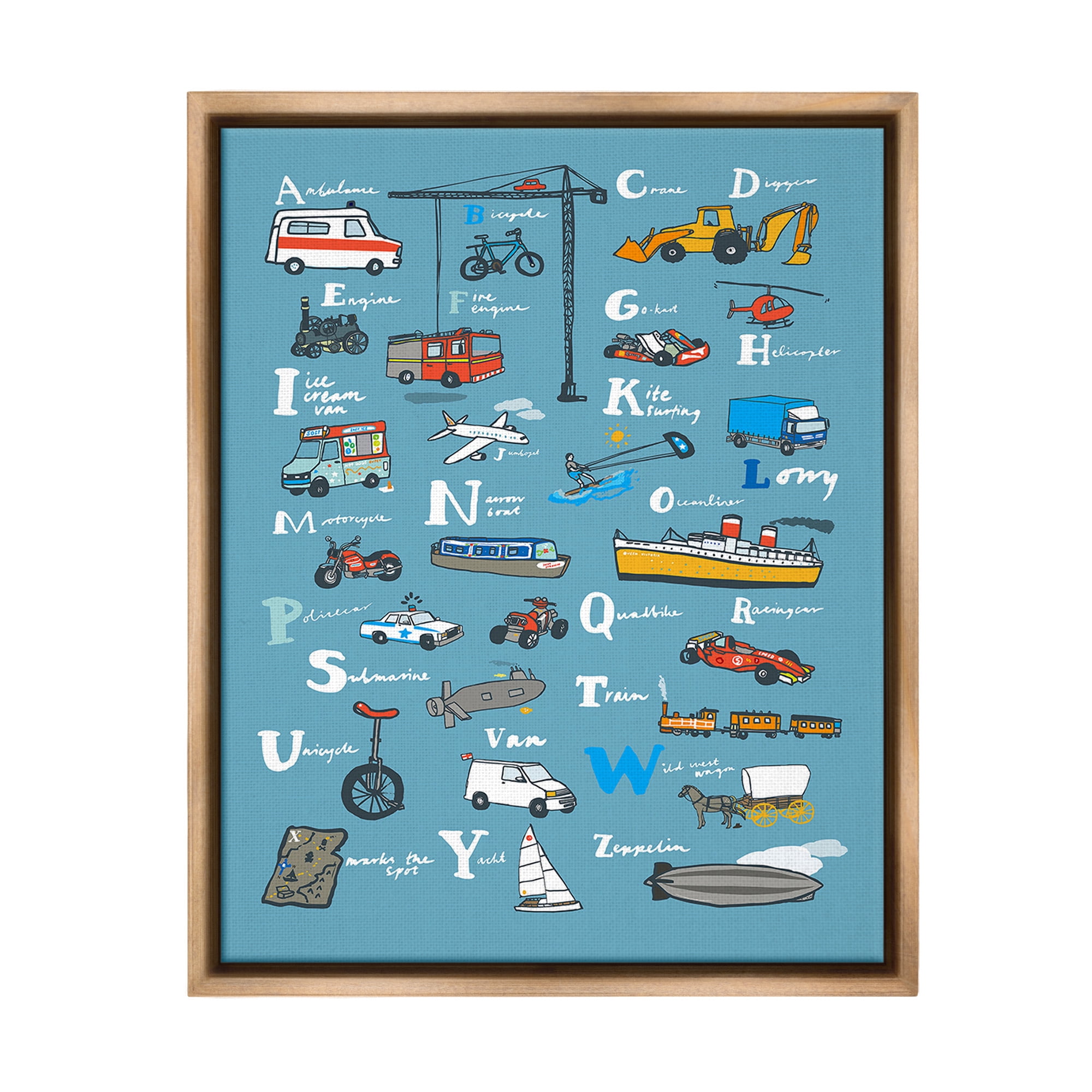 Stupell Industries Various Vehicles Alphabet Transportation Painting Brown Floater Framed Canvas Art Print Wall Art, 17 x 21