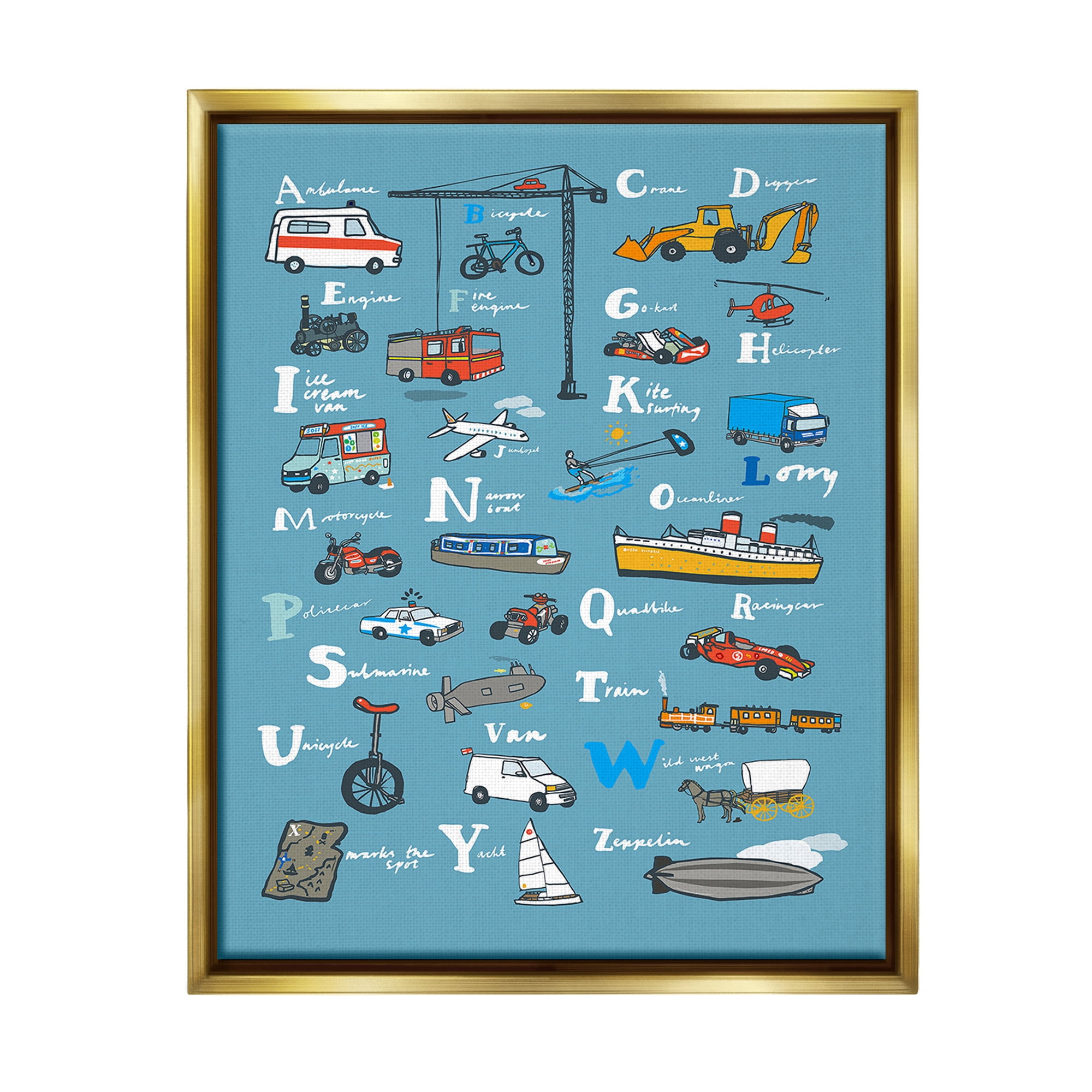 Stupell Industries Various Vehicles Alphabet Transportation Painting Gold Floater Framed Canvas Art Print Wall Art, 25 x 31
