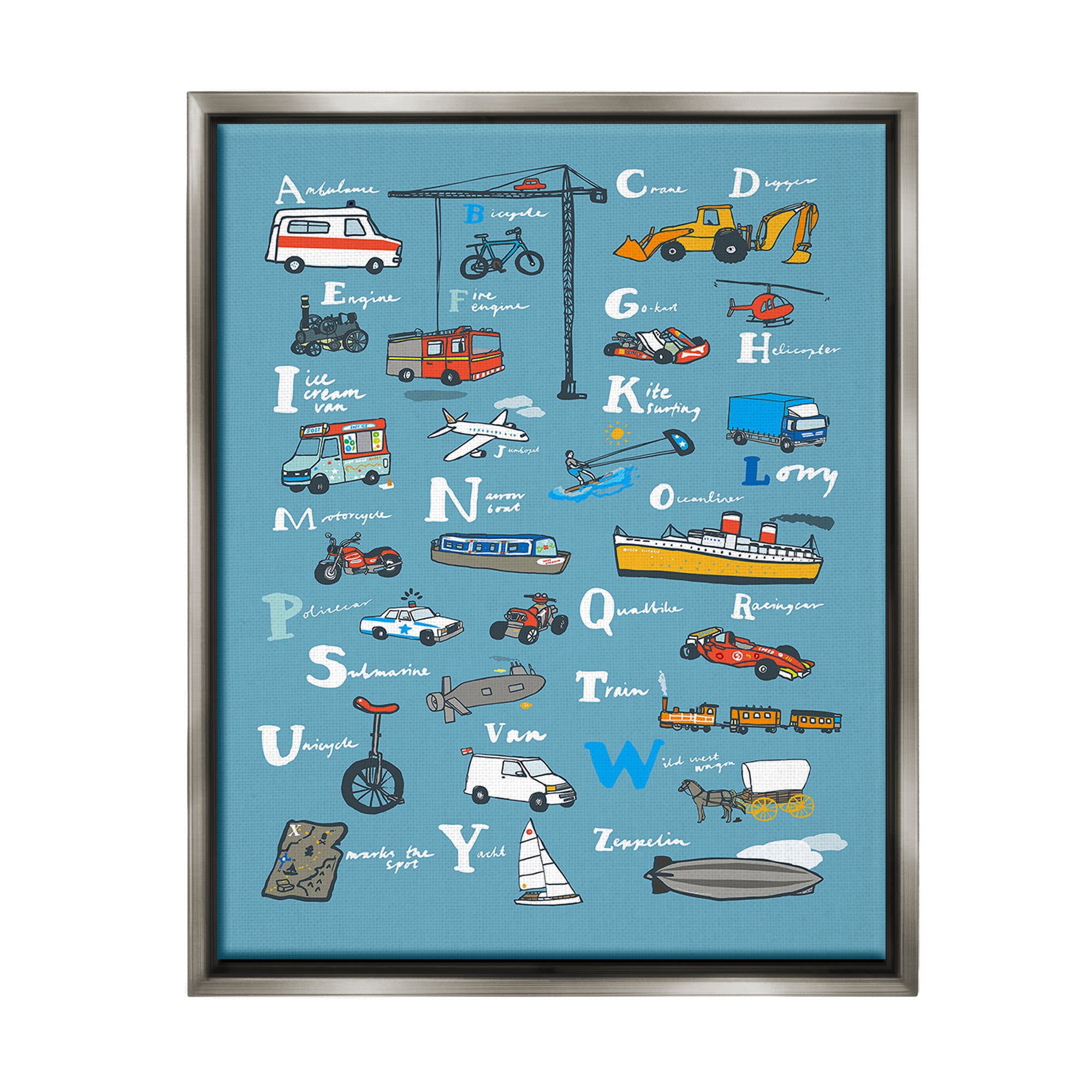Stupell Industries Various Vehicles Alphabet Transportation Painting Gray Floater Framed Canvas Art Print Wall Art, 17 x 21