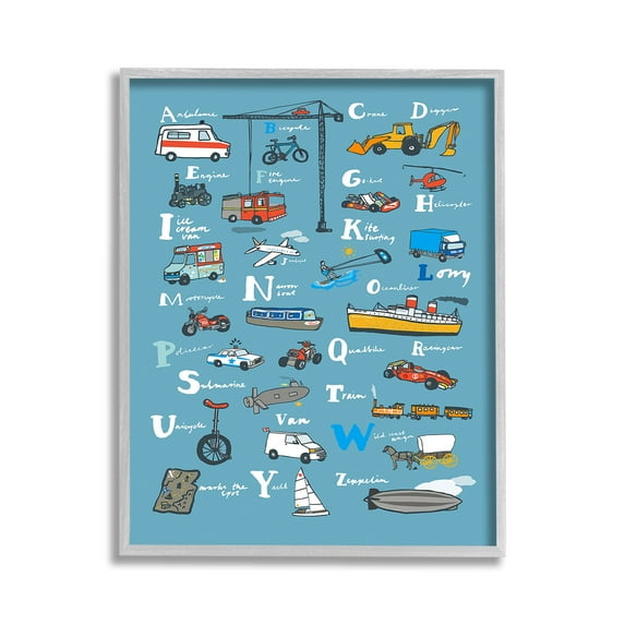 Stupell Industries Various Vehicles Alphabet Transportation Painting Gray Framed Art Print Wall Art, 11 x 14