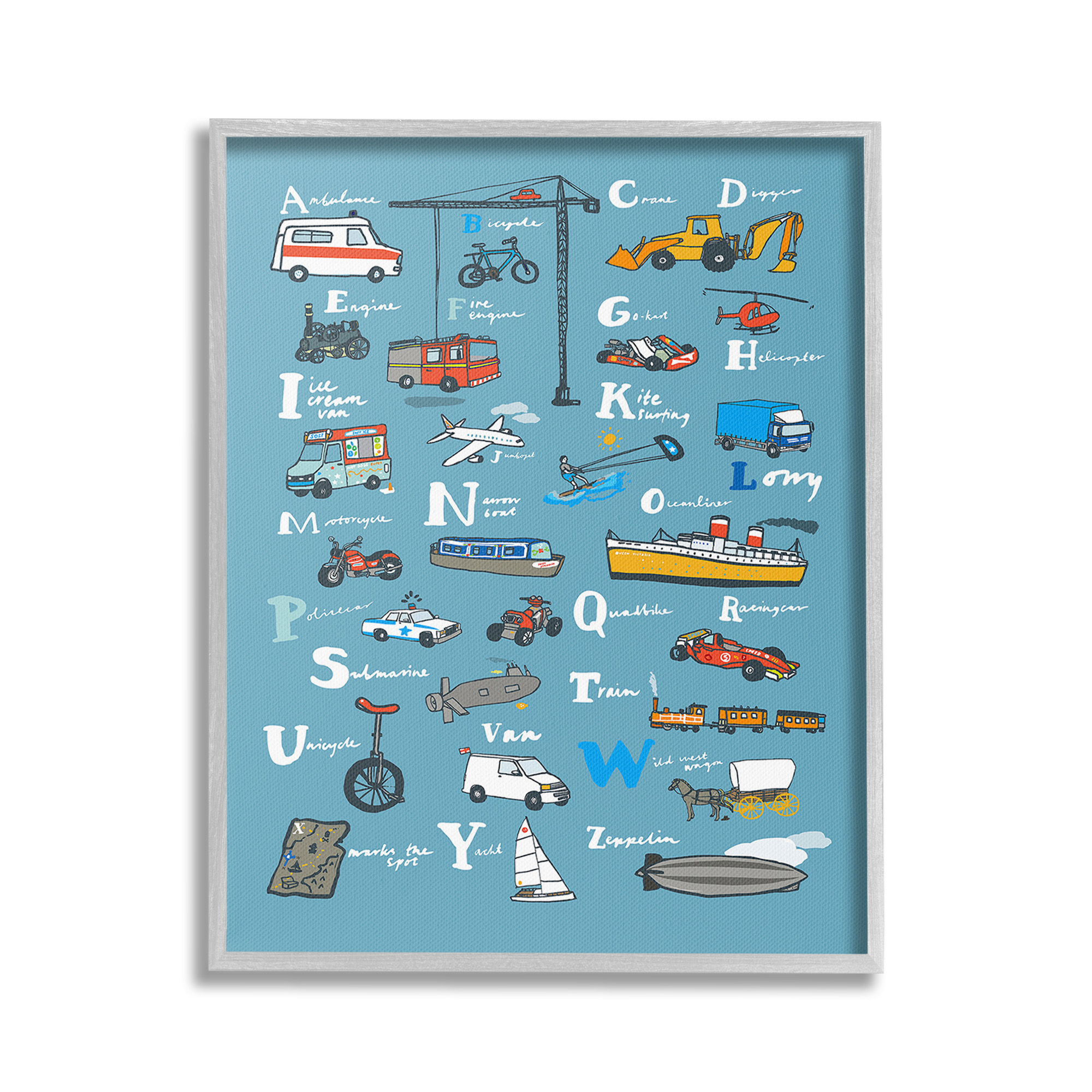Stupell Industries Various Vehicles Alphabet Transportation Painting Gray Framed Art Print Wall Art, 16 x 20