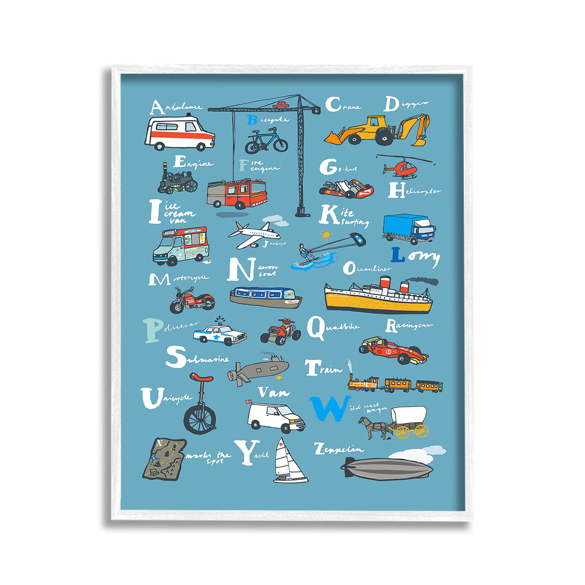 Stupell Industries Various Vehicles Alphabet Transportation Painting White Framed Art Print Wall Art, 11 x 14