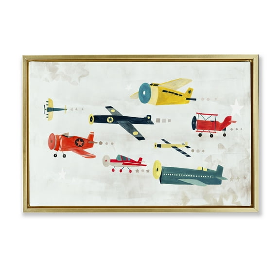 Stupell Industries Various Vintage Airplanes Transportation Painting Gold Floater Framed Canvas Art Print Wall Art, 25 x 17