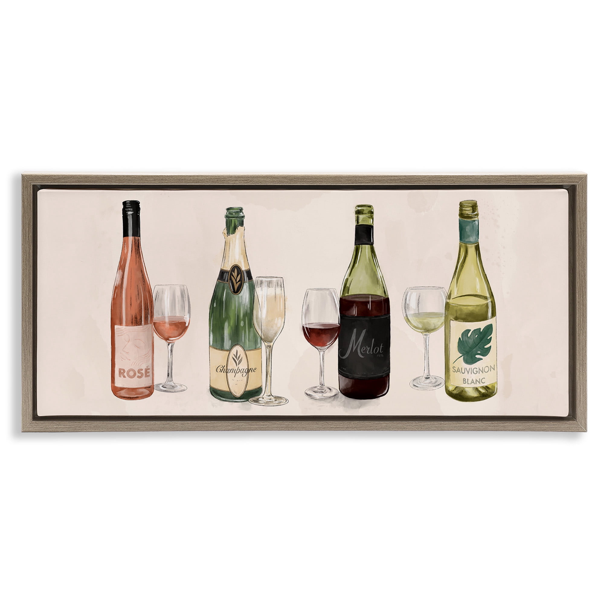 Stupell Industries Various Wine & Champagne Bottles Food & Beverage Painting Brown Floater Framed Canvas Art Print Wall Art, 31 x 14