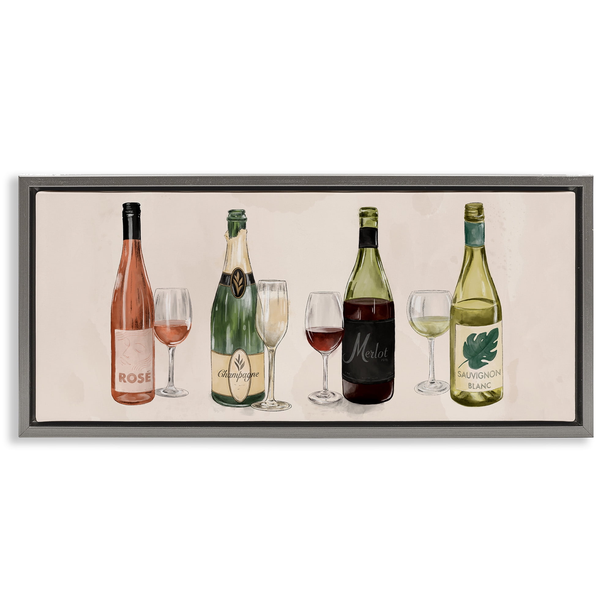 Stupell Industries Various Wine & Champagne Bottles Food & Beverage Painting Gray Floater Framed Canvas Art Print Wall Art, 31 x 14
