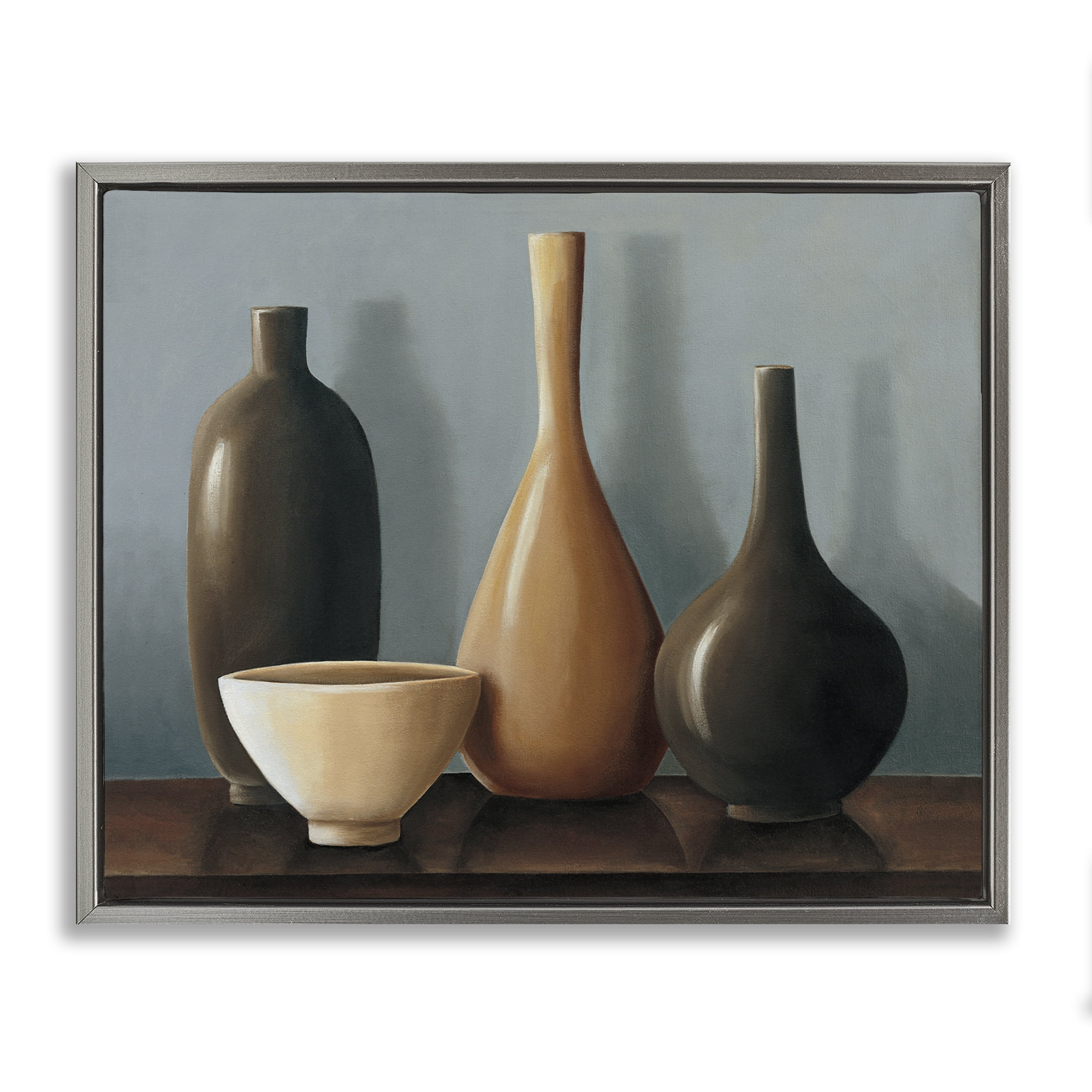Stupell Industries Varried Pottery Still Life Furniture Painting Gray Floater Framed Canvas Art Print Wall Art, 21 x 17