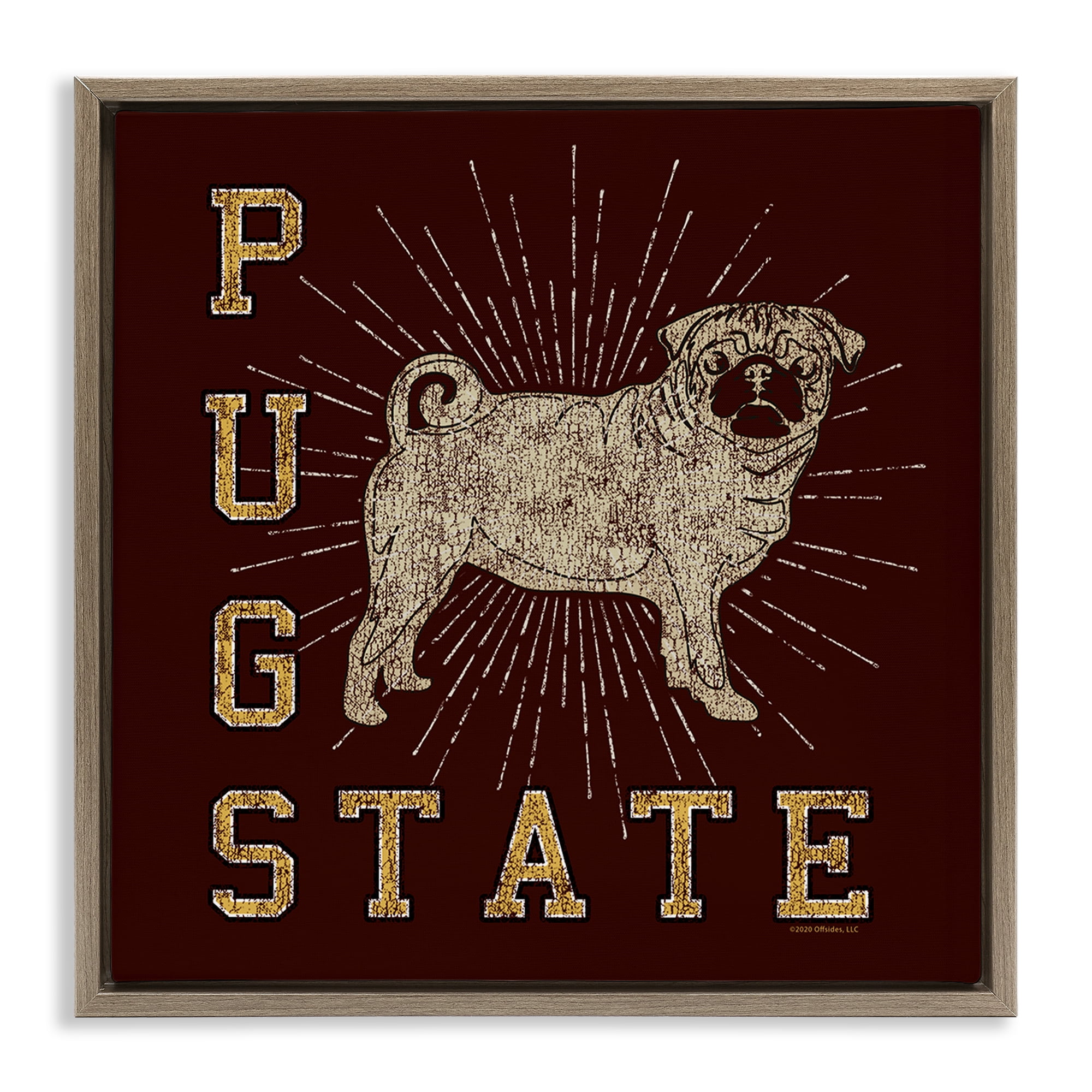 Stupell Industries Varsity Pug State Novelty & Humor Painting Brown Floater Framed Canvas Art Print Wall Art, 25 x 25