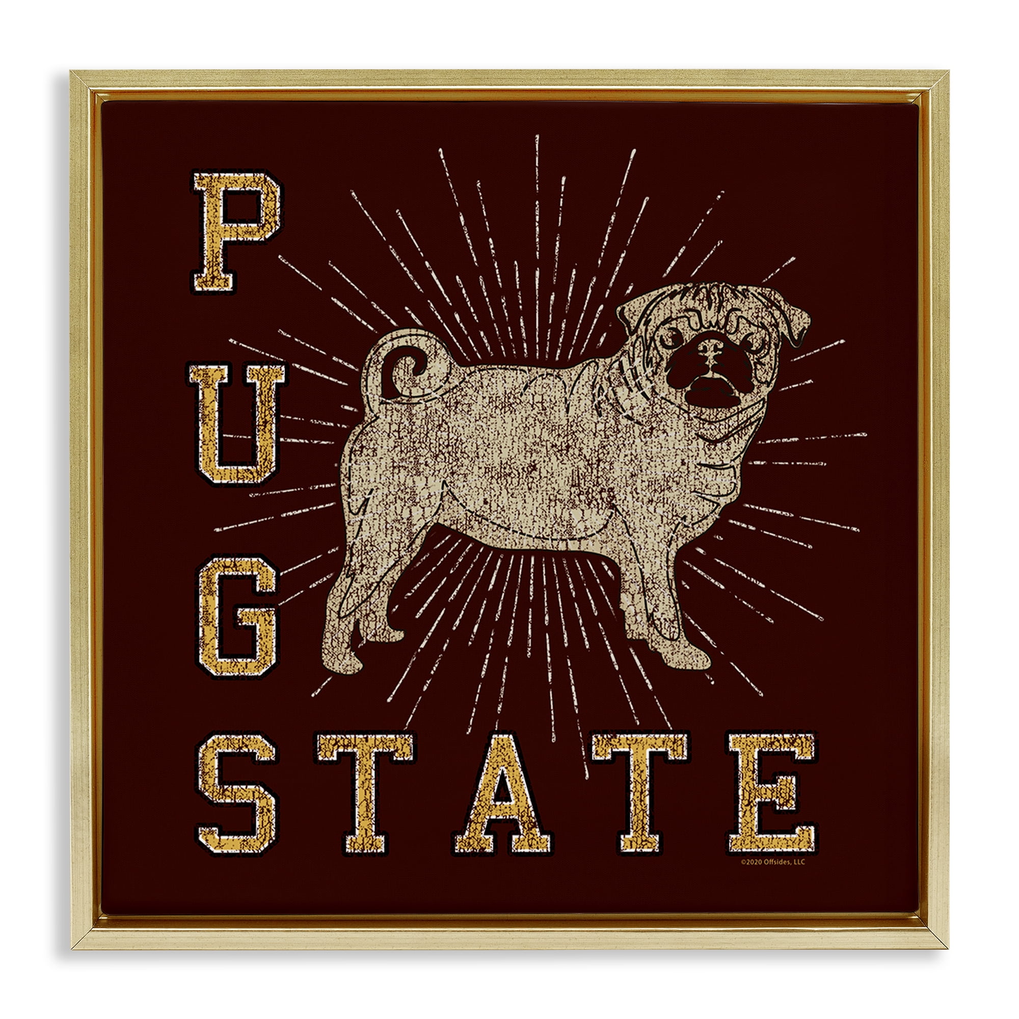 Stupell Industries Varsity Pug State Novelty & Humor Painting Gold Floater Framed Canvas Art Print Wall Art, 18 x 18